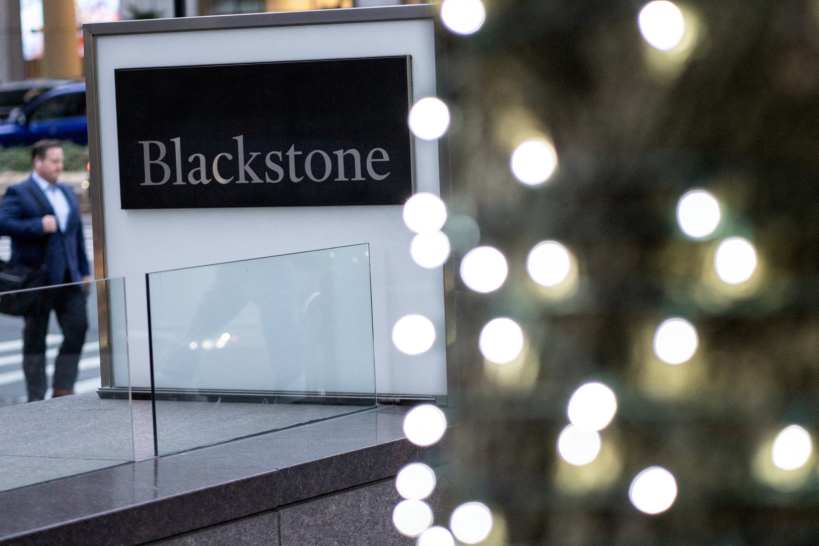 Signage is seen outside the Blackstone Group headquarters in New York City