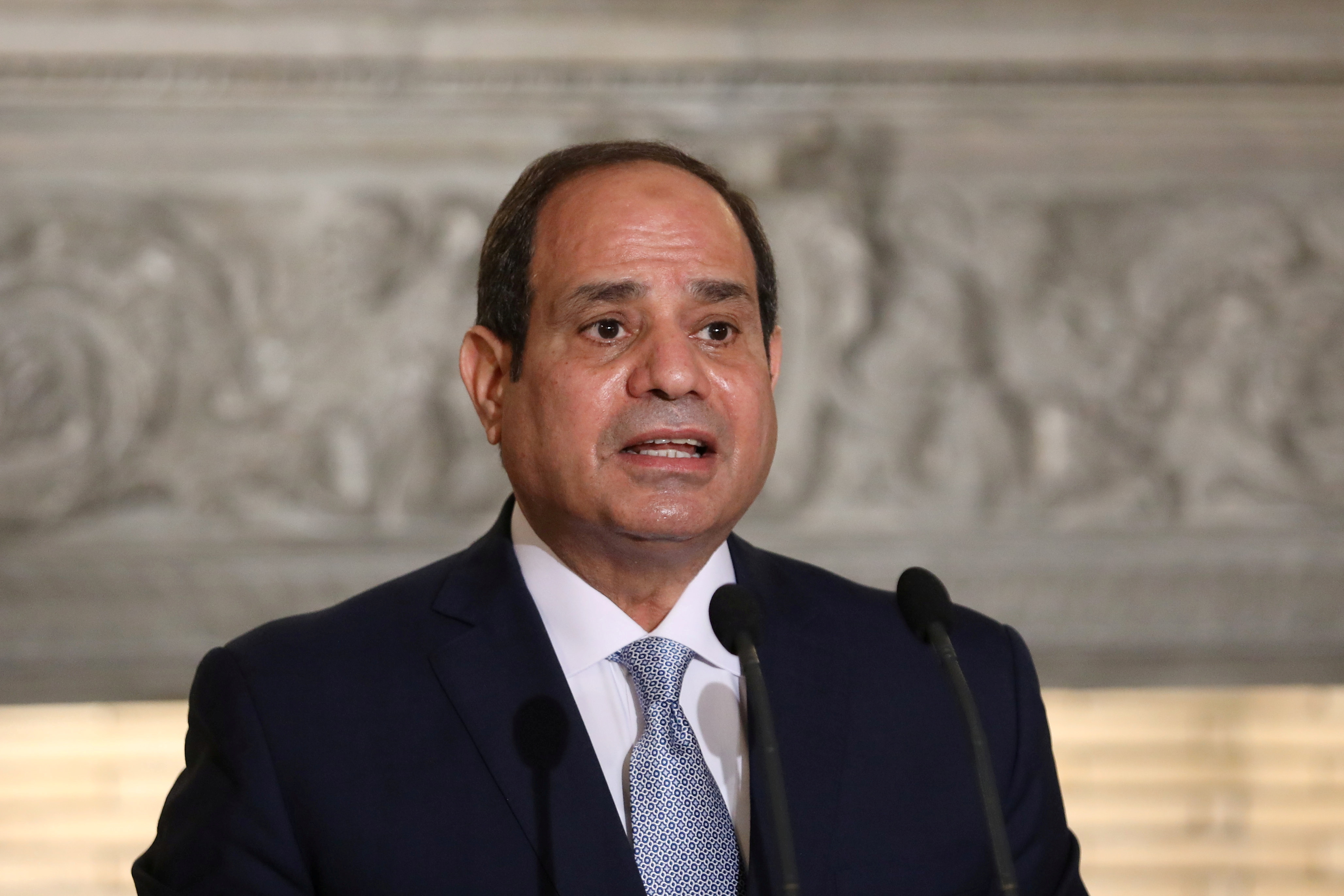 Egyptian President Abdel Fattah al-Sisi speaks during a joint news conference with Greek Prime Minister Kyriakos Mitsotakis at Maximos Mansion in Athens