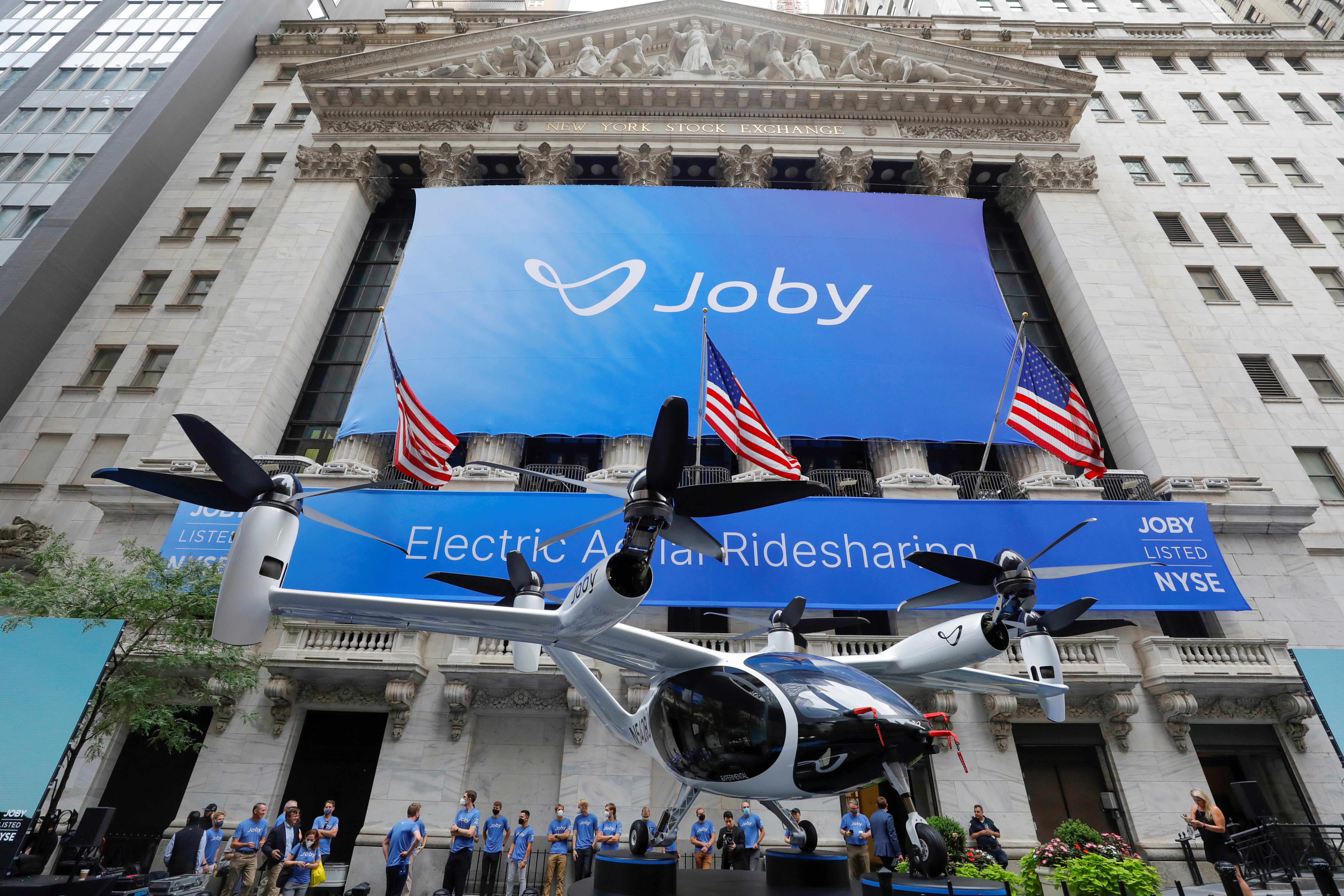 The Joby Aviation Air Taxi is seen outside the New York Stock Exchange in Manhattan