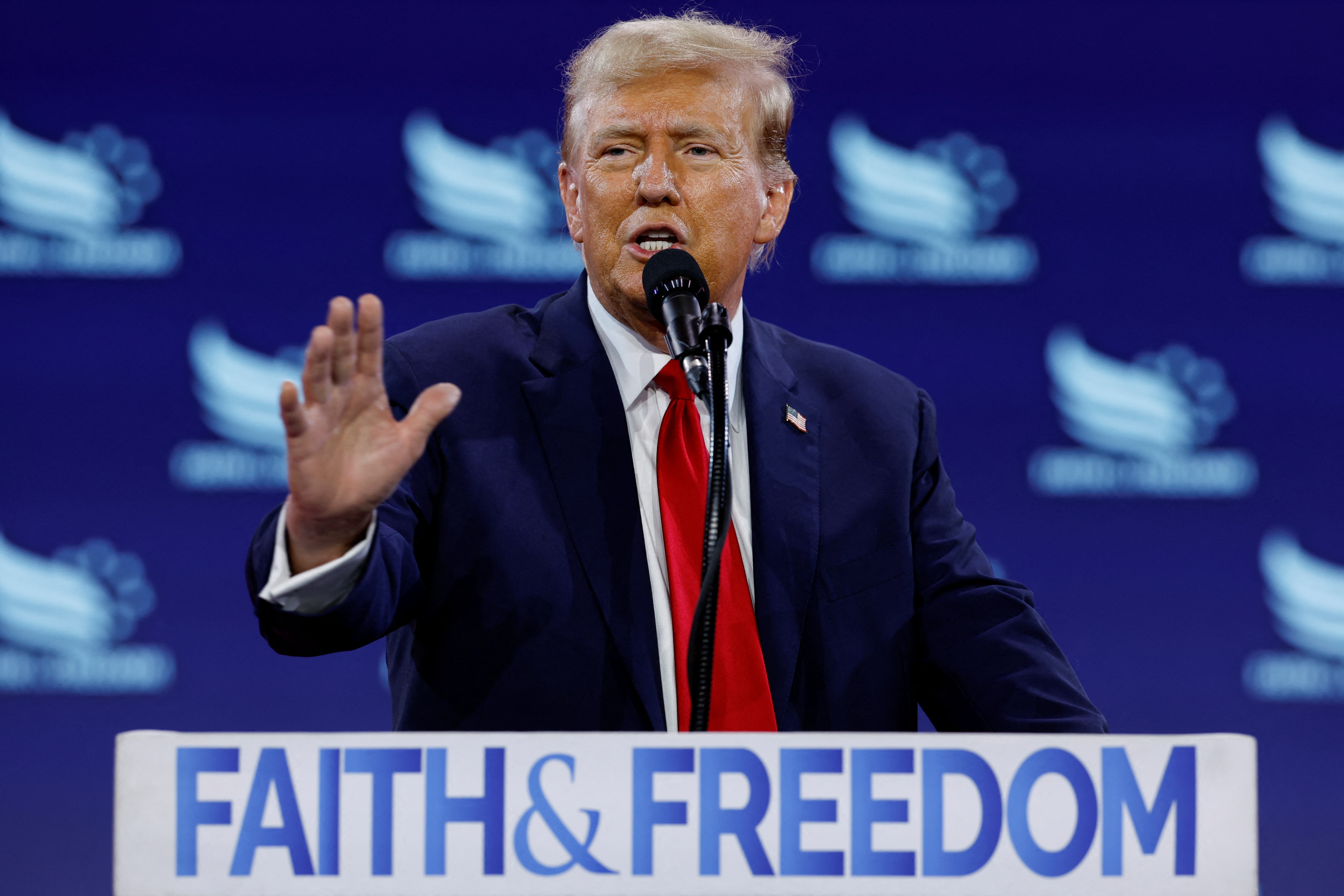 Former U.S. President Trump speaks at the Faith and Freedom Coalition's 'Road to Majority' policy conference in Washington