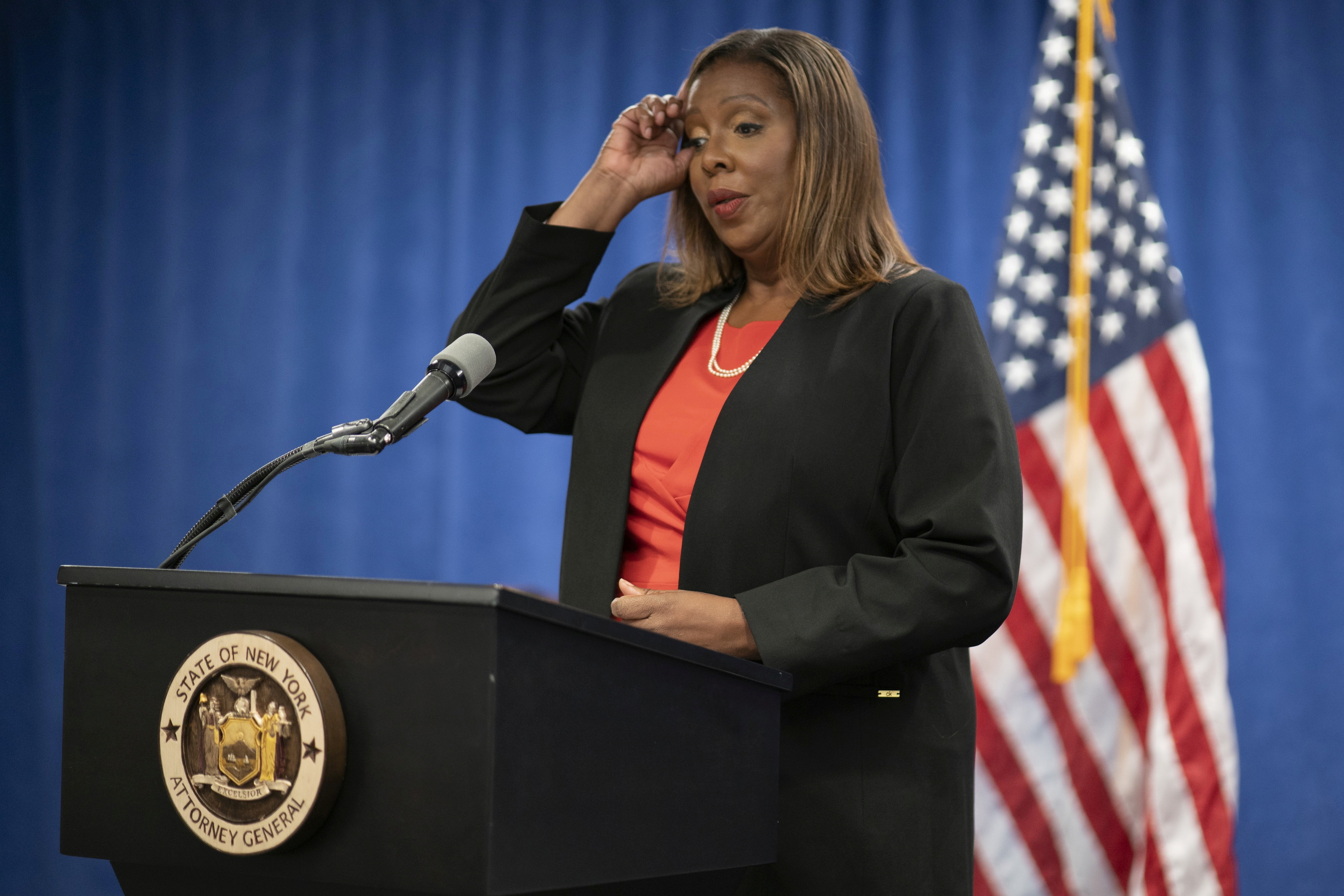 New York State Attorney General, Letitia James, speaks during a news conference in New York City