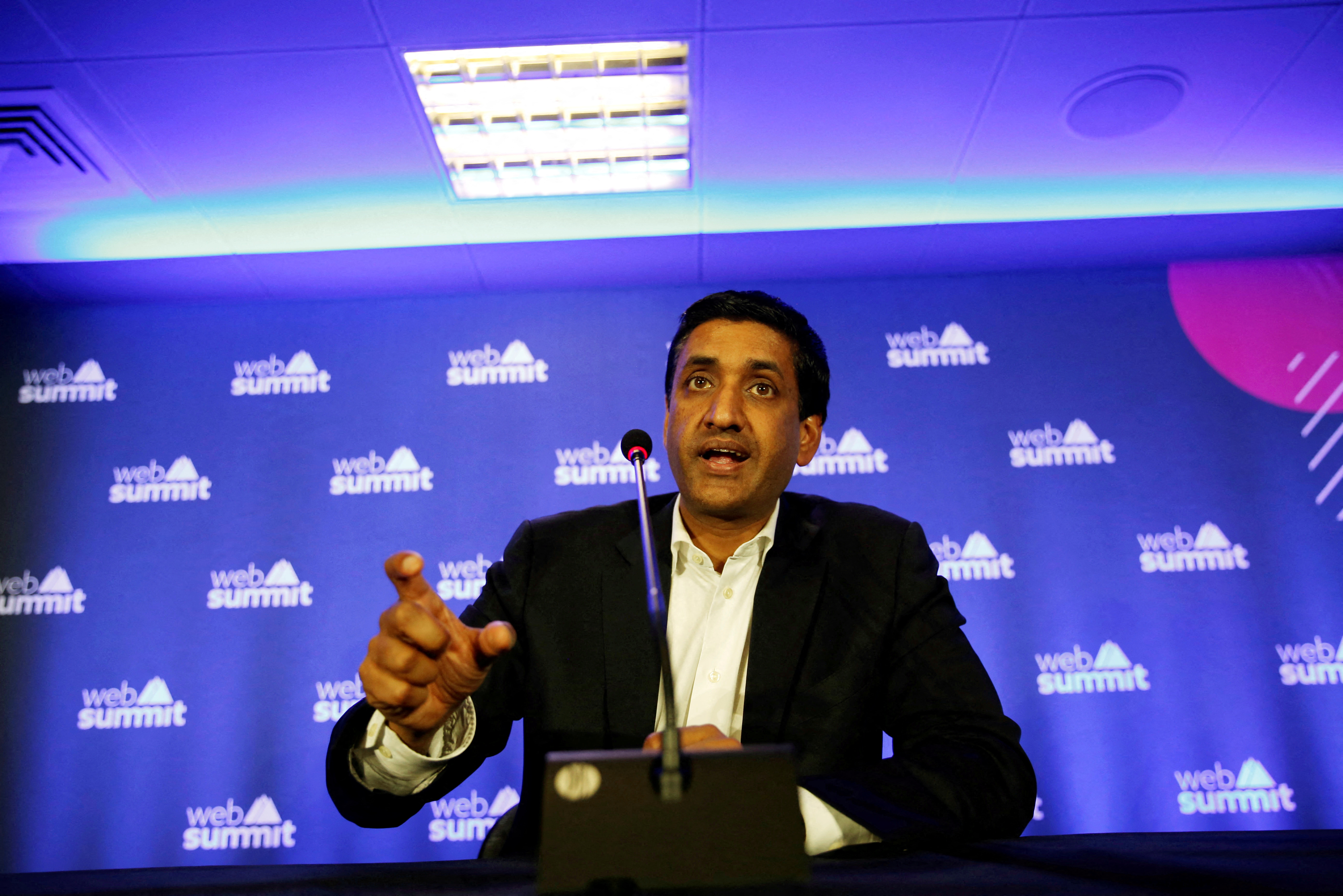 US Democratic Representative Ro Khanna, vice chair of the 98-member Congressional Progressive Caucus,holds a news conference during Web Summit, in Lisbon