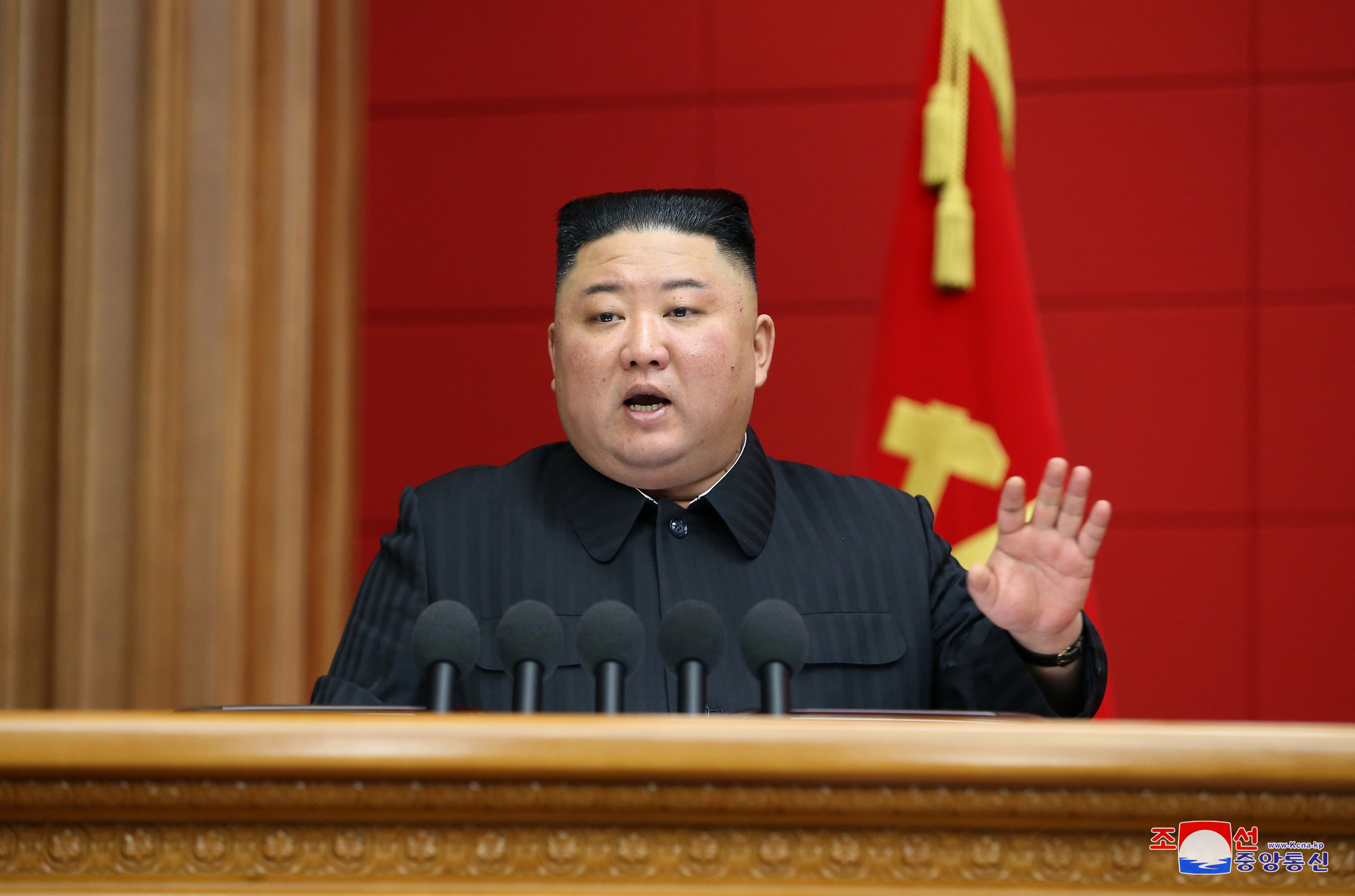 North Korea's leader Kim Jong Un addresses the first short course for chief secretaries of the city and county Party committees in Pyongyang, North Korea, in this undated photo released March 7, 2021 by North Korea's Korean Central News Agency (KCNA).     KCNA via REUTERS   