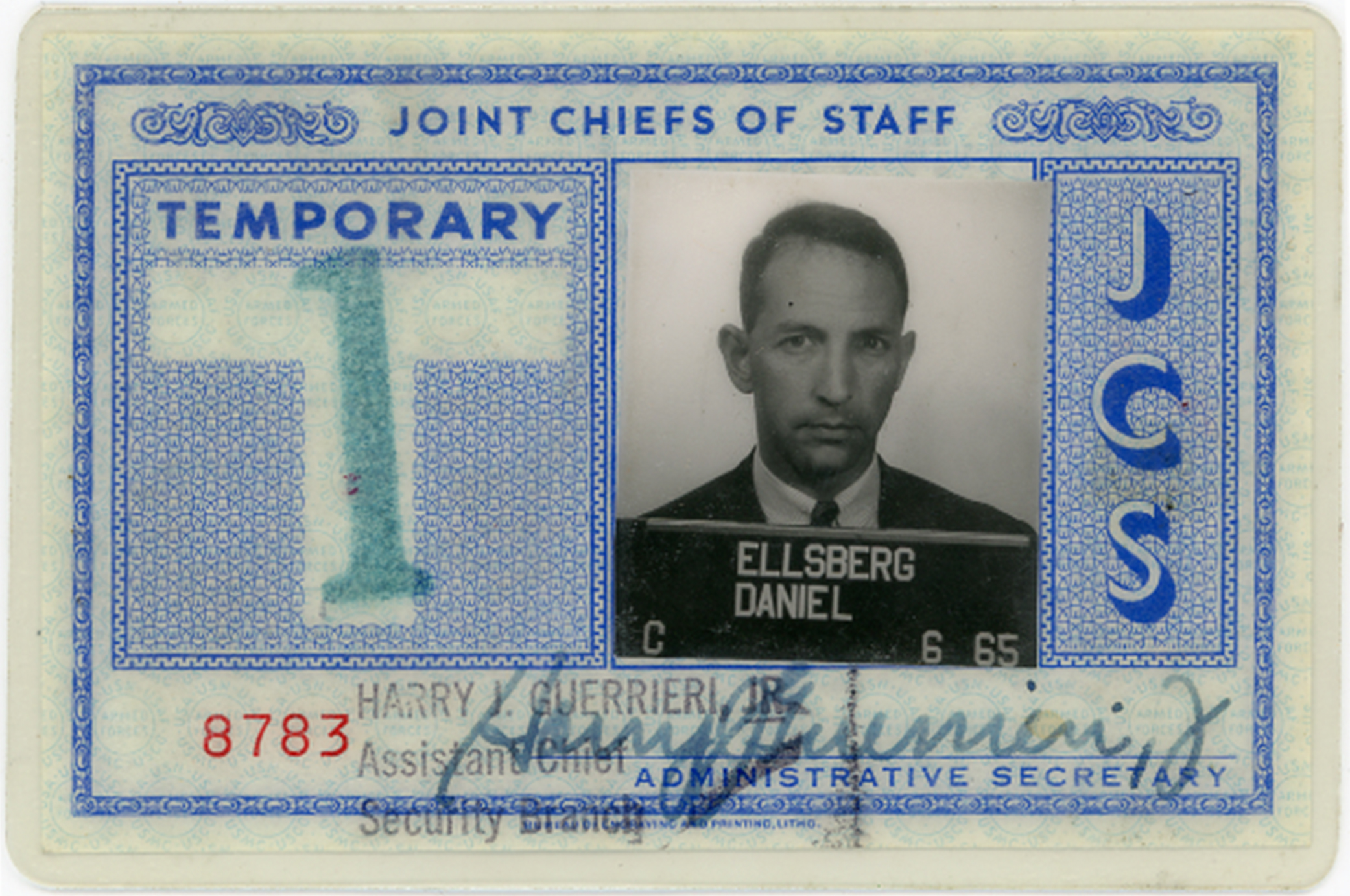 Ellsberg's Joint Chiefs of Staff temporary ID card, 1965. 

Courtesy Daniel Ellsberg Papers, Robert S. Cox Special Collections and University Archives Research Center, UMass Amherst Libraries.