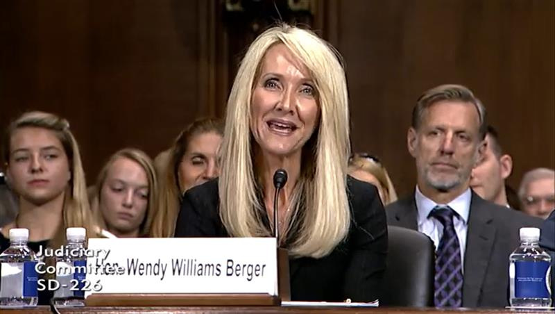 Now-U.S. District Judge Wendy Berger appears before the U.S. Senate Judiciary Committee for a hearing on her nomination to the bench on Oct. 17, 2018. U.S. Senate/Handout via REUTERS