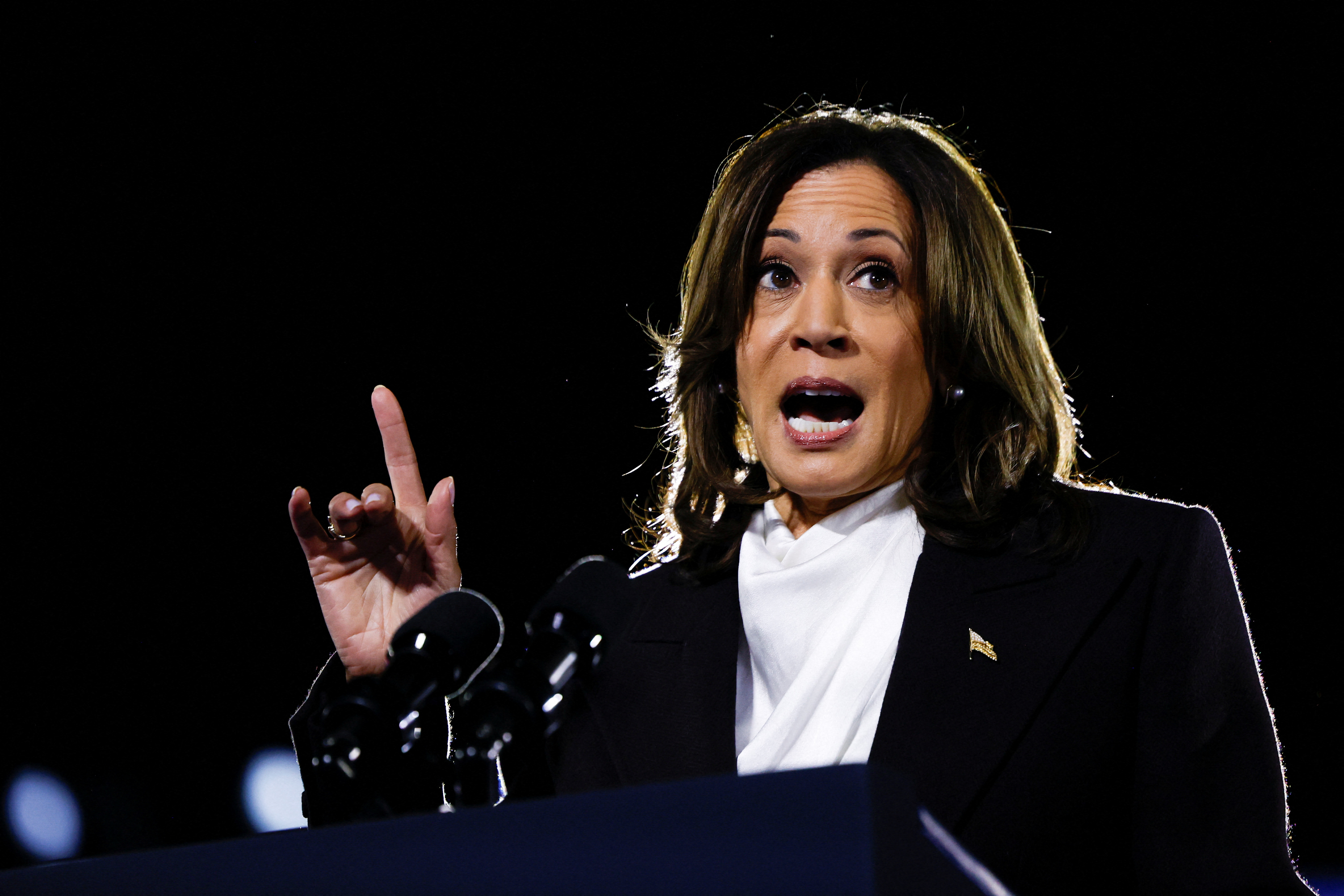 Democratic presidential nominee U.S. Vice President Harris delivers a speech on the National Mall, in Washington