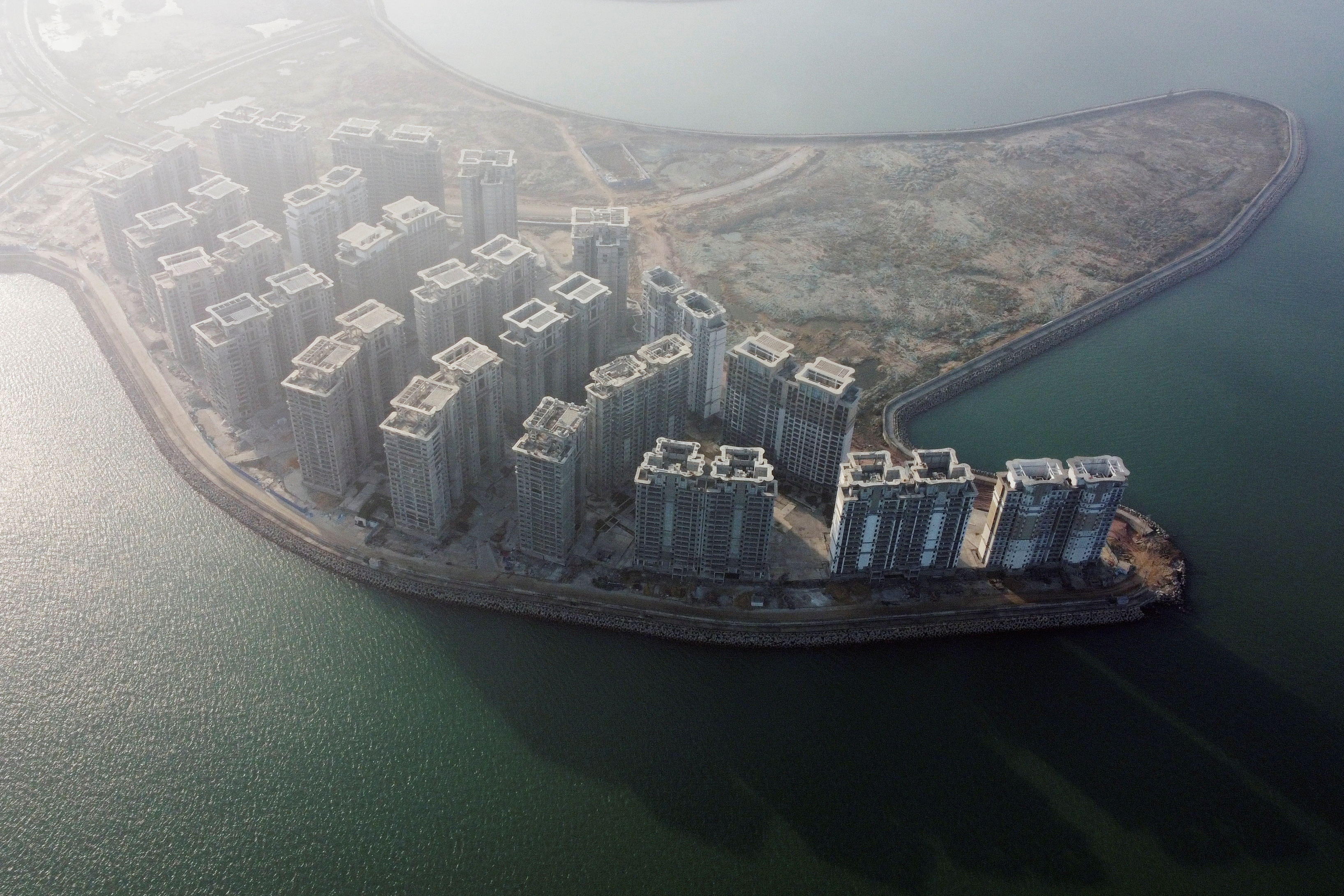 Buildings developed by China Evergrande Group on the man-made Ocean Flower Island in Danzhou