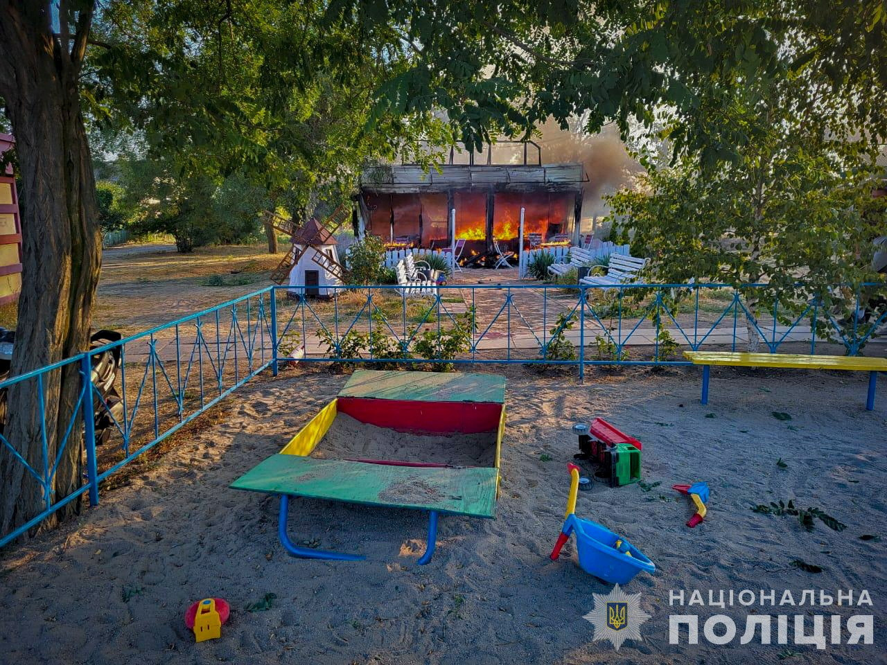 A view shows a children's cafe hit by a Russian military strike in the village of Malokaterynivka