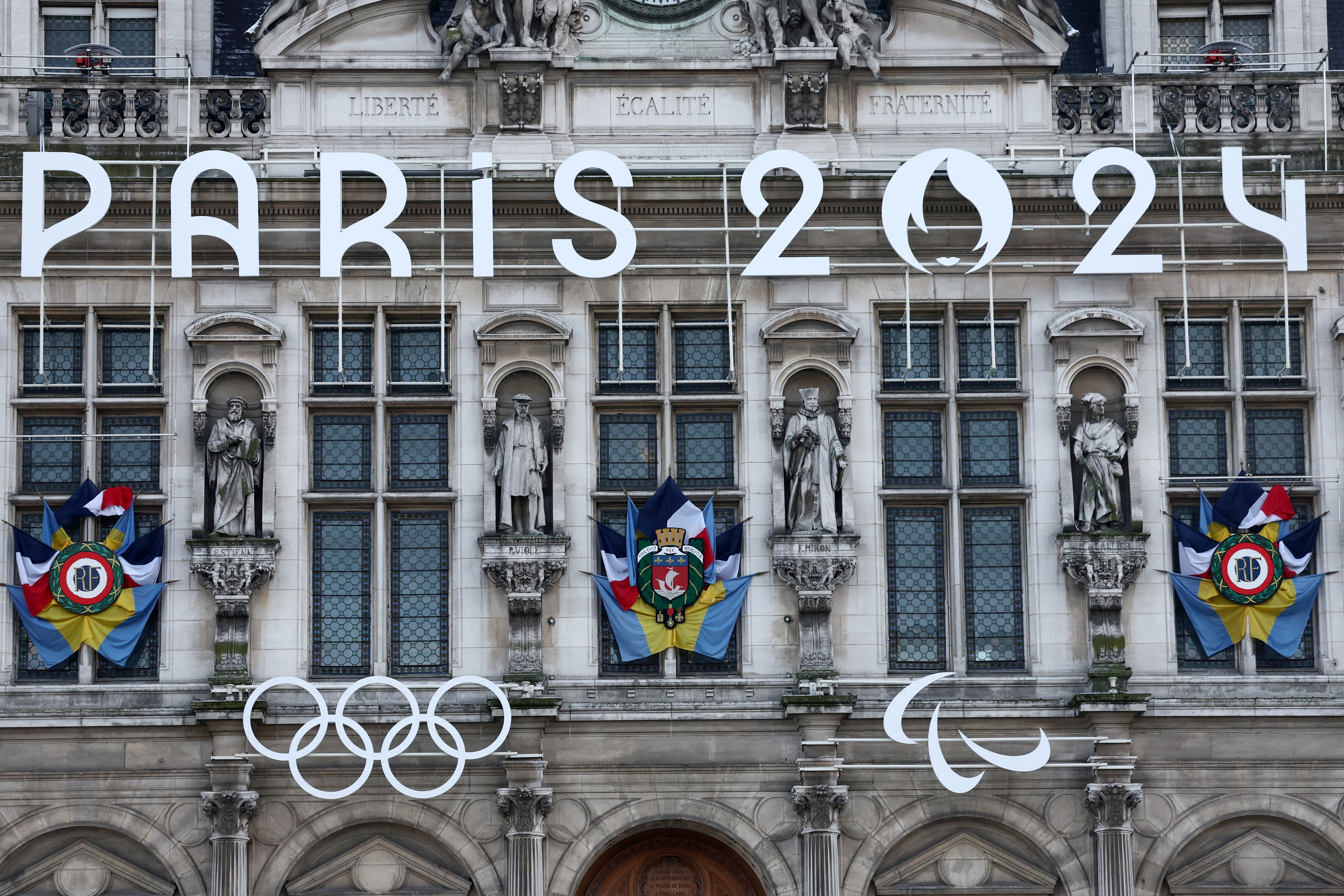 The Olympic rings and the logo of Paris 2024 Olympic Games