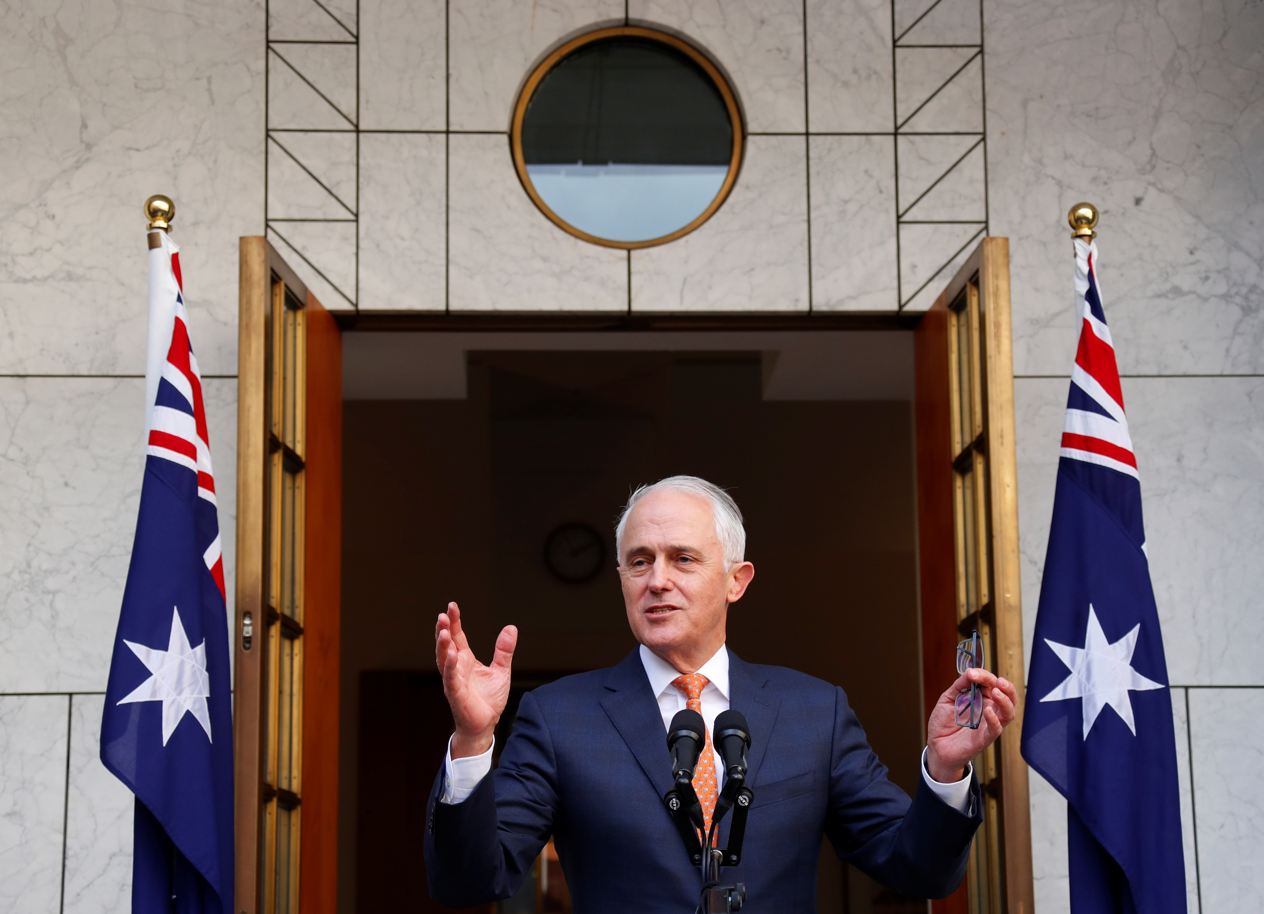 Former Australian PM Malcolm Turnbull holds a news conference after a party meeting in Canberra