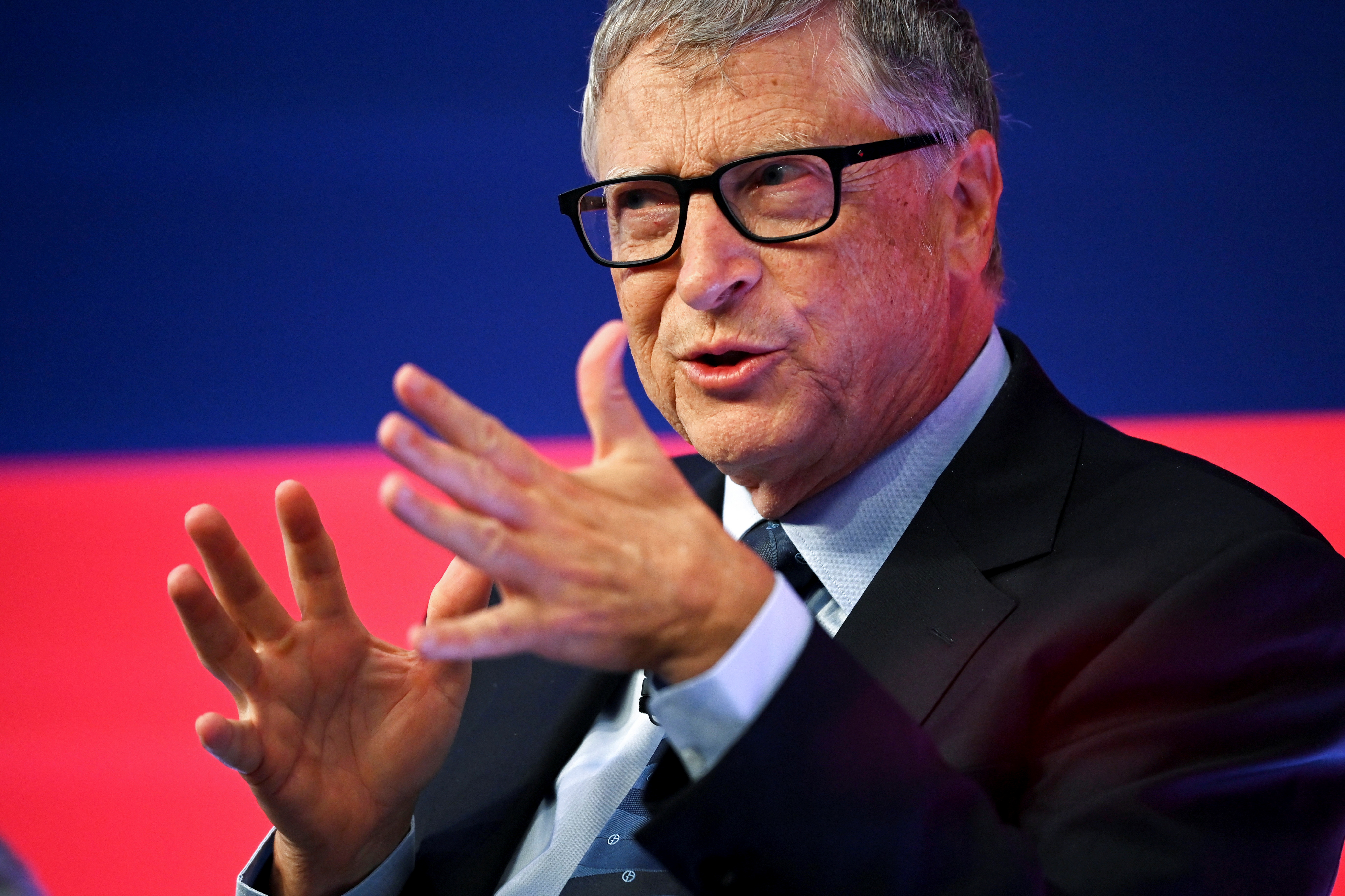 Bill Gates speaks during the Global Investment Summit at the Science Museum, in London, Britain, October 19, 2021. Leon Neal/Pool via REUTERS