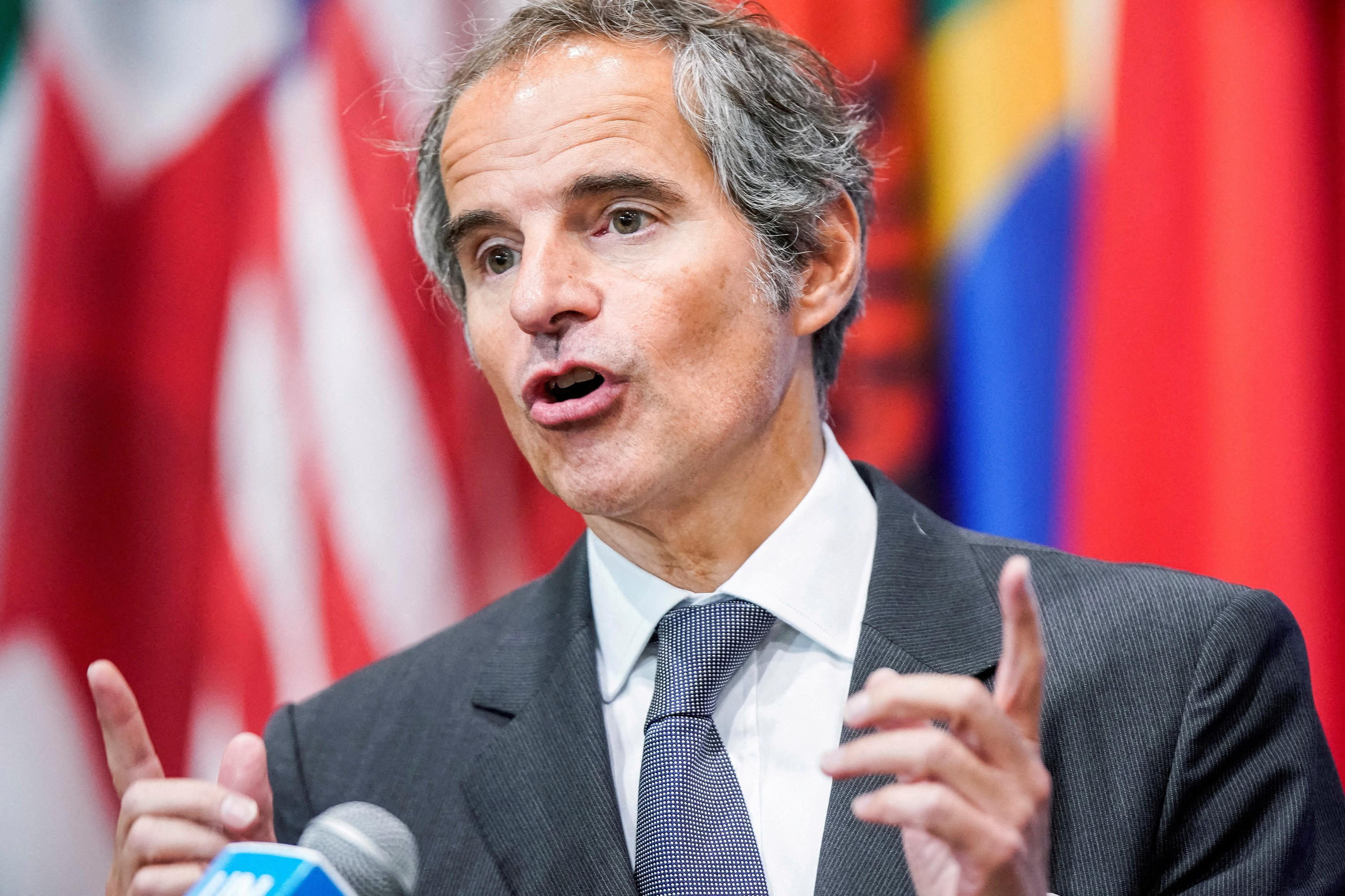 The Director General of the International Atomic Energy Agency (IAEA), Rafael Mariano Grossi speaks to the media at the United Nations headquarters in New York