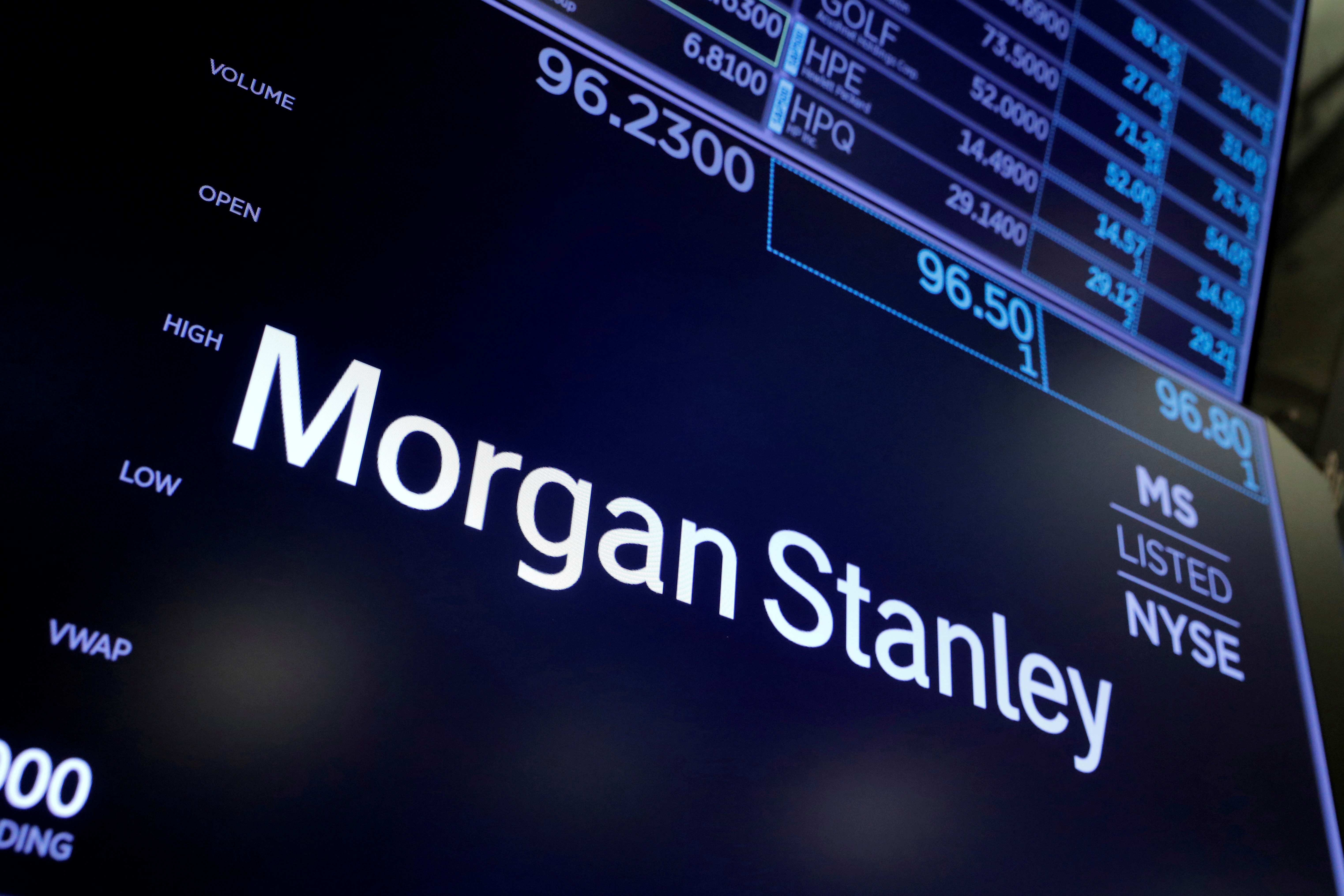 The logo for Morgan Stanley is seen on the trading floor at the New York Stock Exchange (NYSE) in Manhattan, New York City, U.S., August 3, 2021. REUTERS/Andrew Kelly