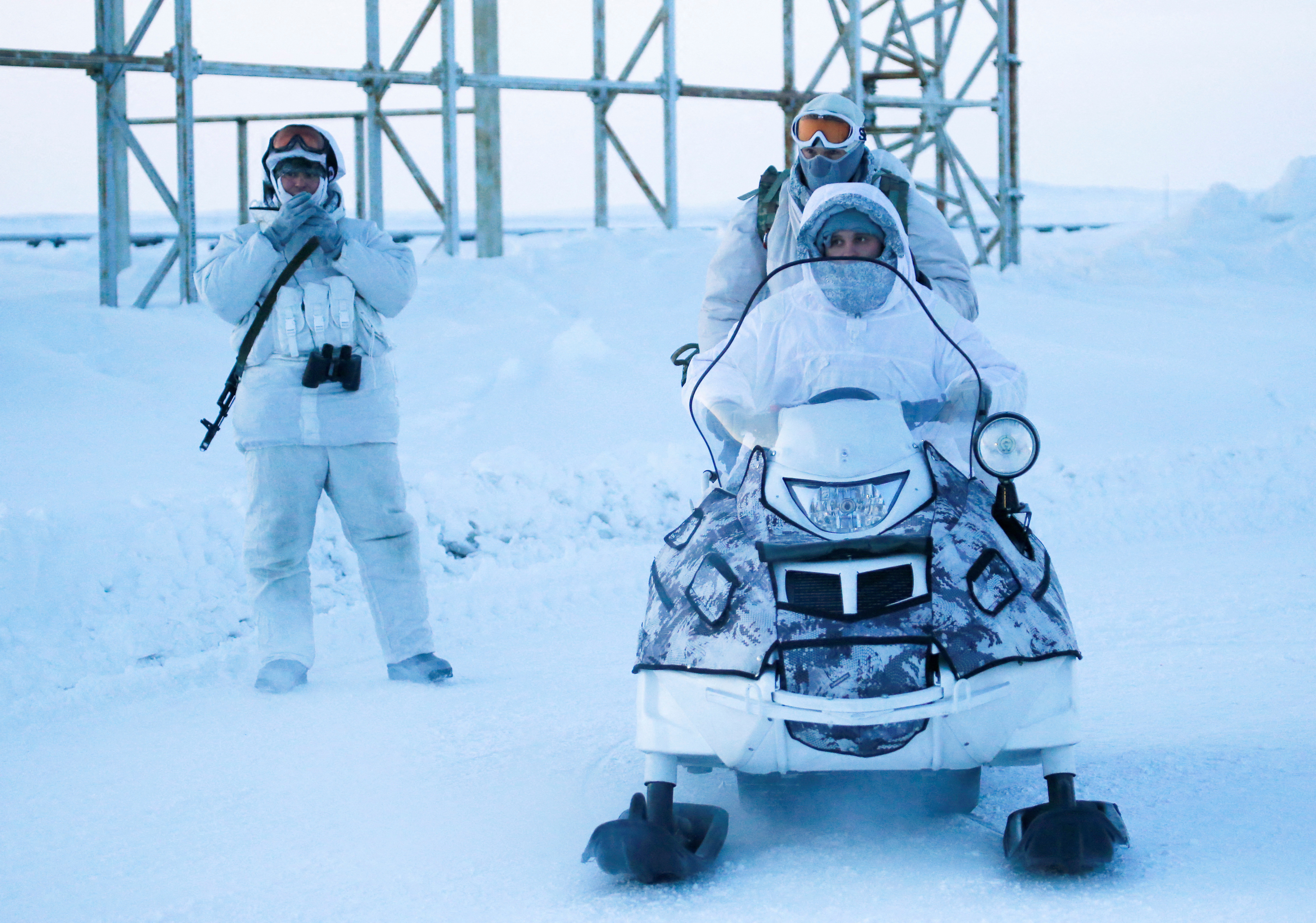 Russian servicemen guard area at Nagurskoye military base in Alexandra Land on remote Arctic islands of Franz Josef Land