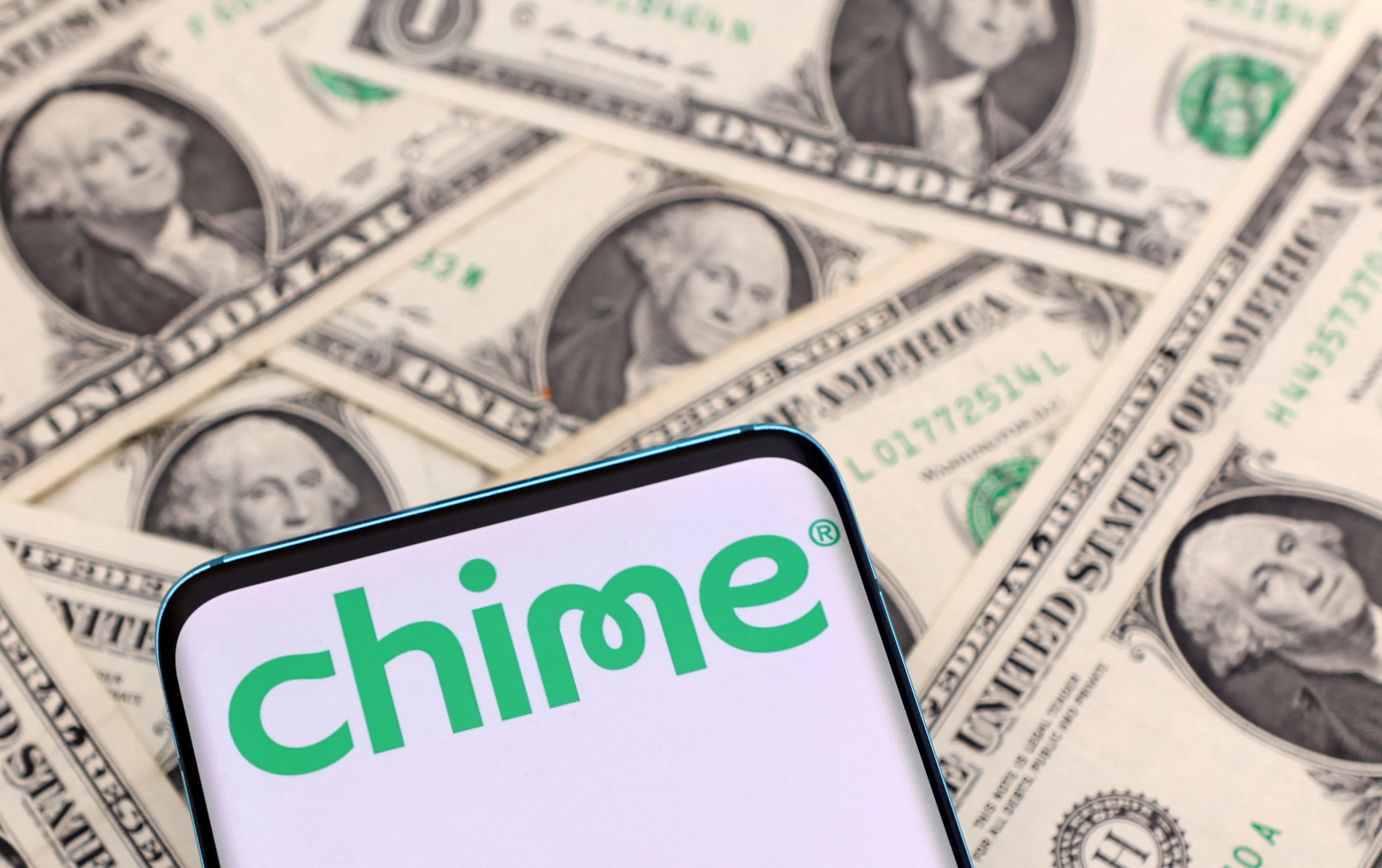An illustration shows the Chime logo and U.S. dollar banknotes