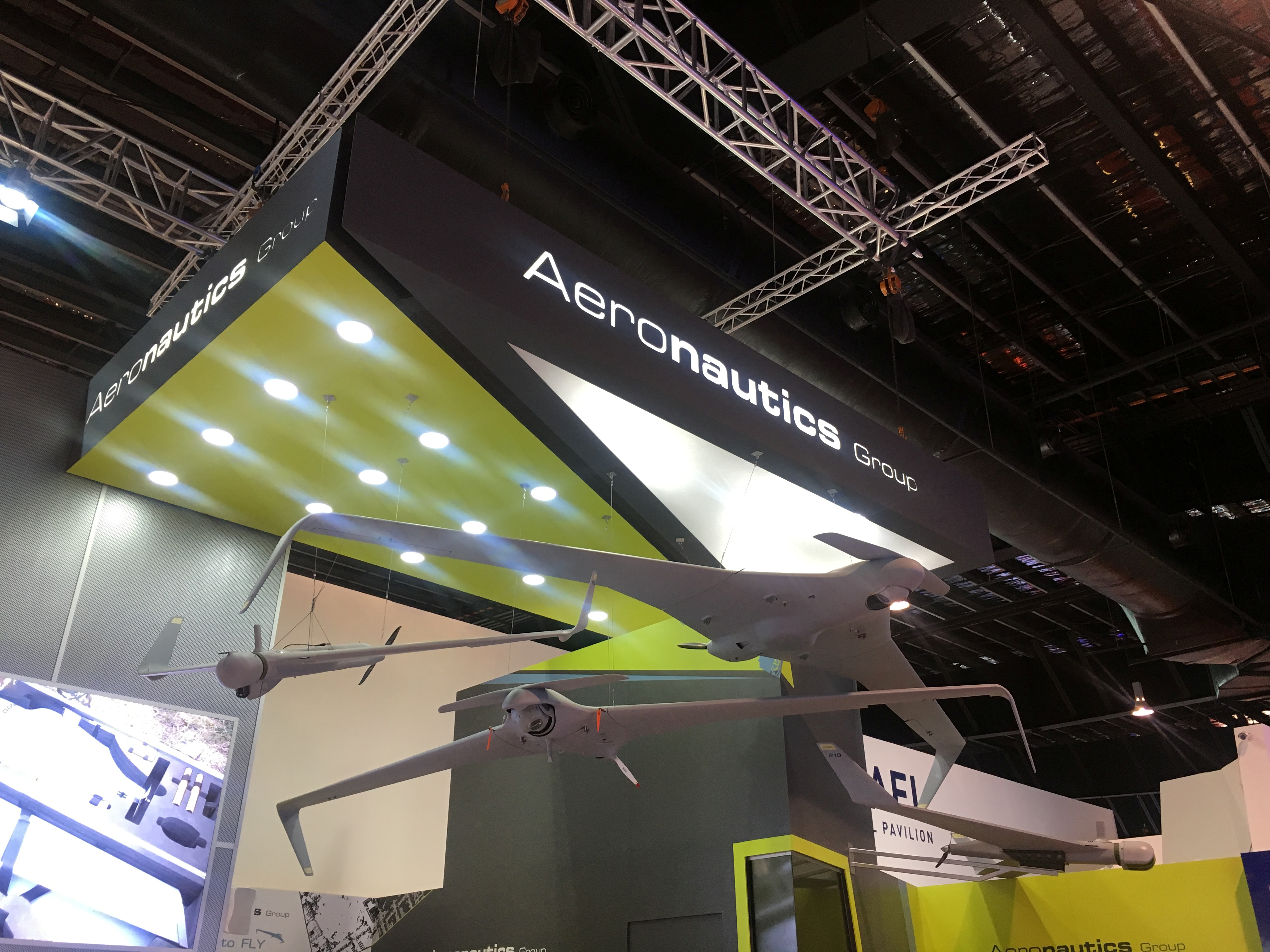 A drone model is seen on display at Israel Aerospace Industries' booth at the Singapore Airshow