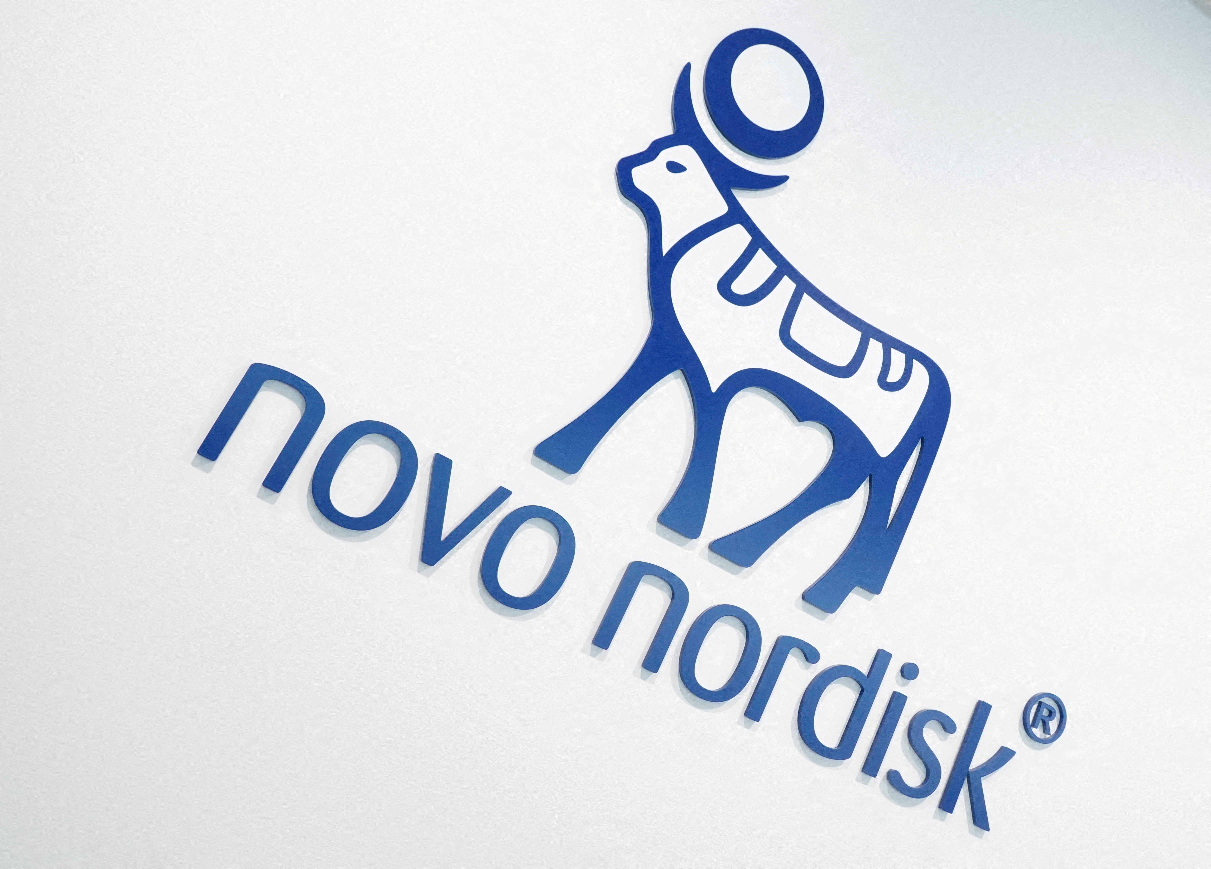 Novo Nordisk logo above the entrance to their offices in Copenhagen