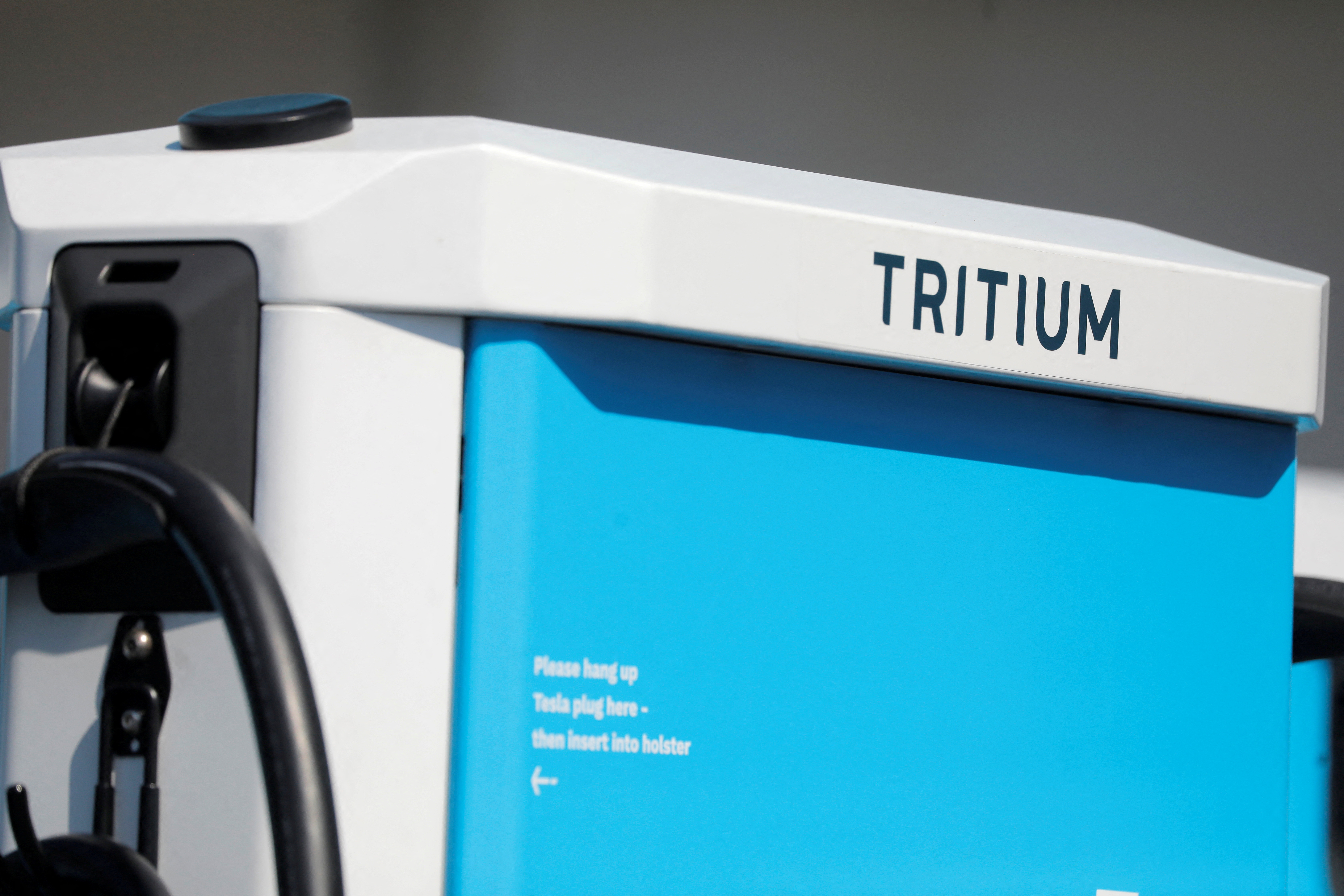A Tritium charging station is seen at a ribbon cutting event for a Revel electric vehicle charging superhub in Brooklyn, New York City