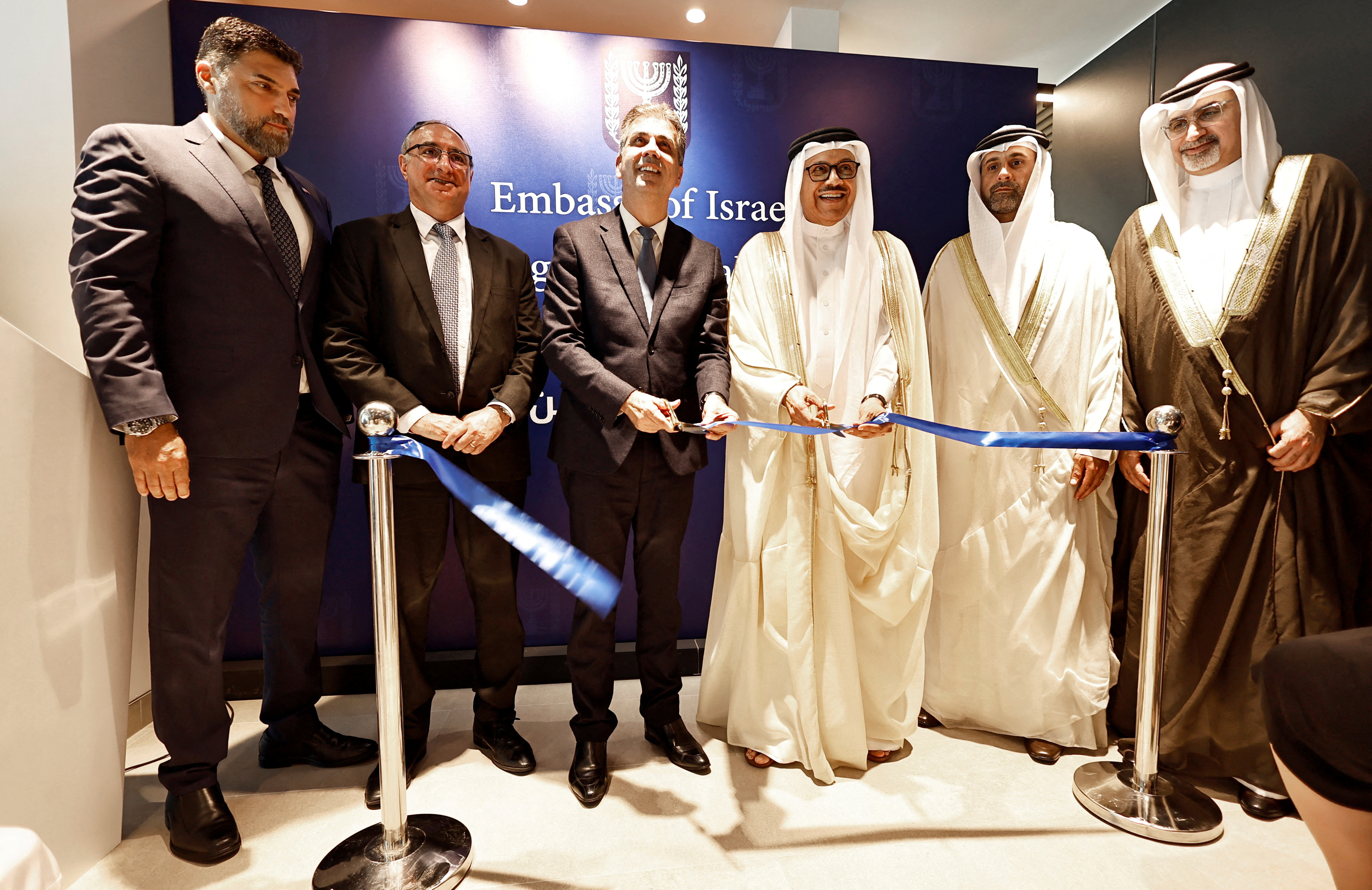 Israel's Foreign Minister Eli Cohen and Bahrain's Foreign Minister Abdullatif bin Rashid Alzayani officially inaugurate the Israeli Embassy in Manama