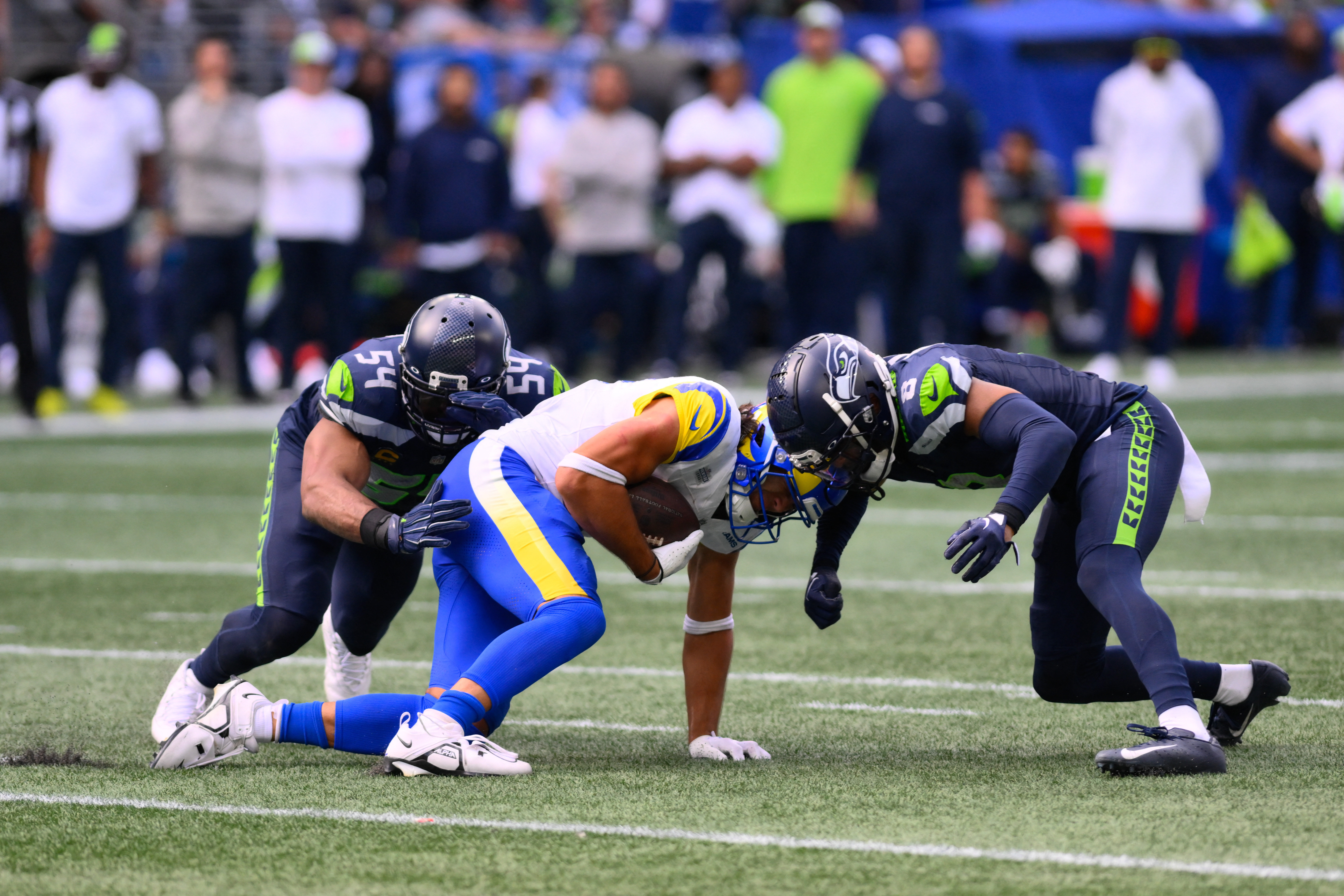 Los Angeles Rams running back Kyren Williams celebrates after scoring  against the Seattle Seahawks during the second half of an NFL football game  Sunday, Sept. 10, 2023, in Seattle. (AP Photo/Stephen Brashear