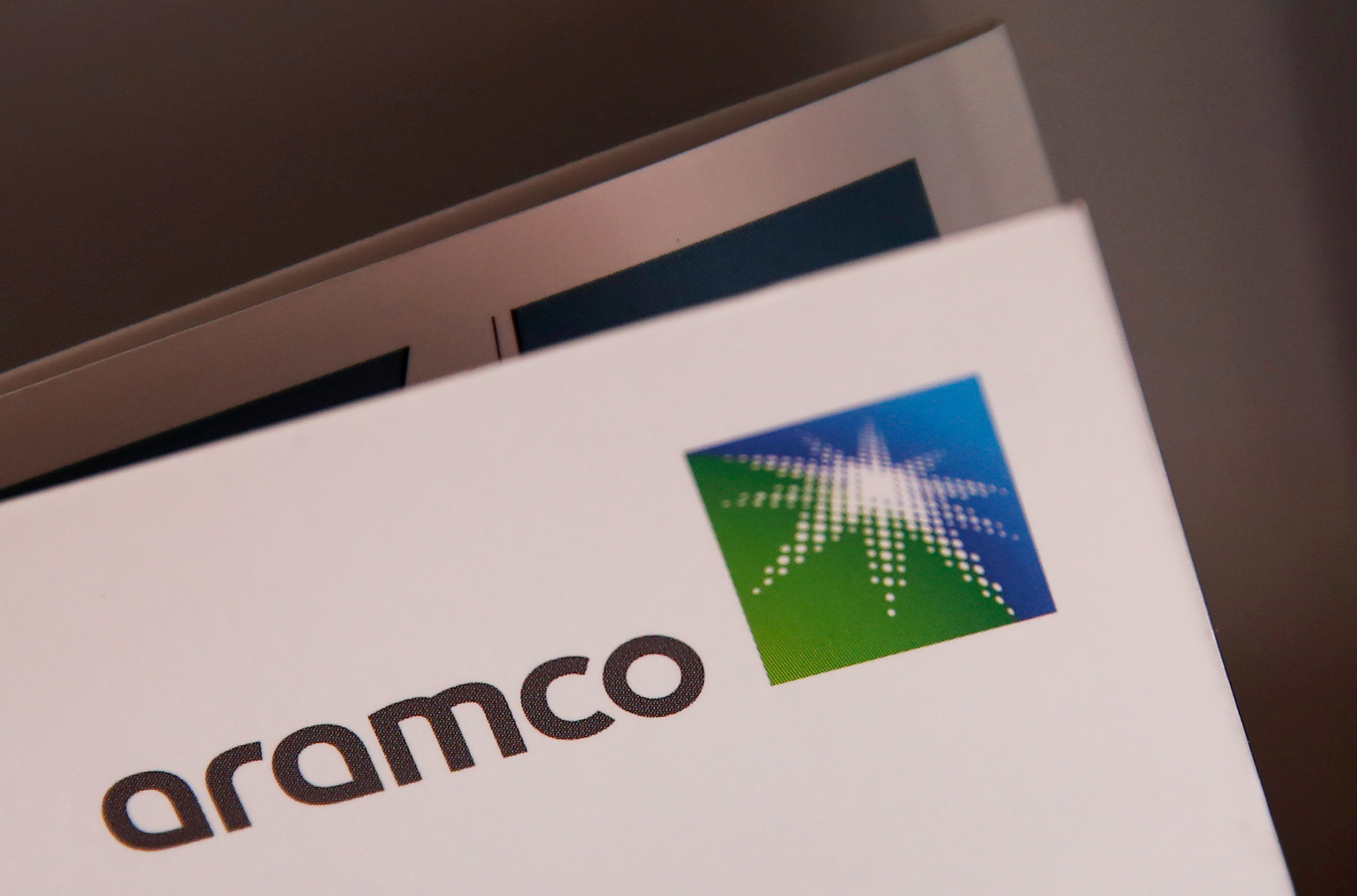 The logo of Saudi Aramco is pictured outside Khurais