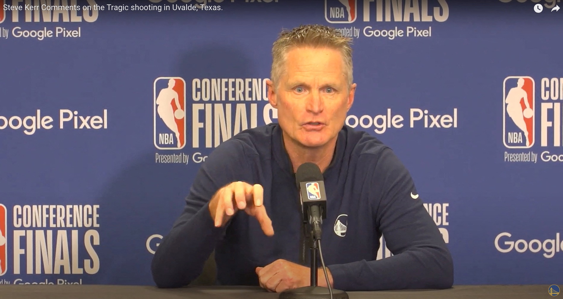 Golden State Warriors head coach Steve Kerr speaks about the Texas shooting at a news conference in Dallas, Texas