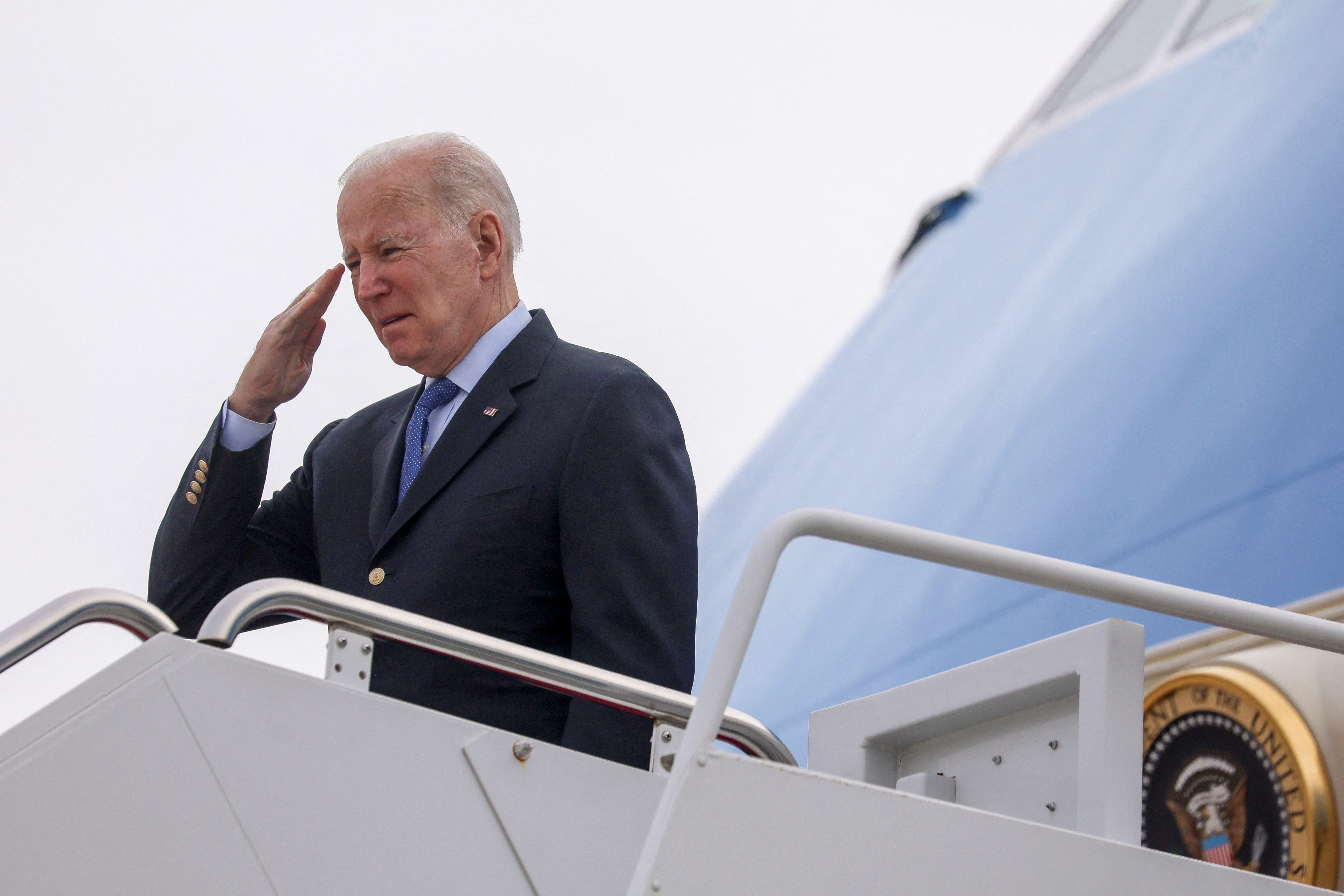 U.S. President Biden boards Air Force One at Joint Base Andrews en route to Brussels
