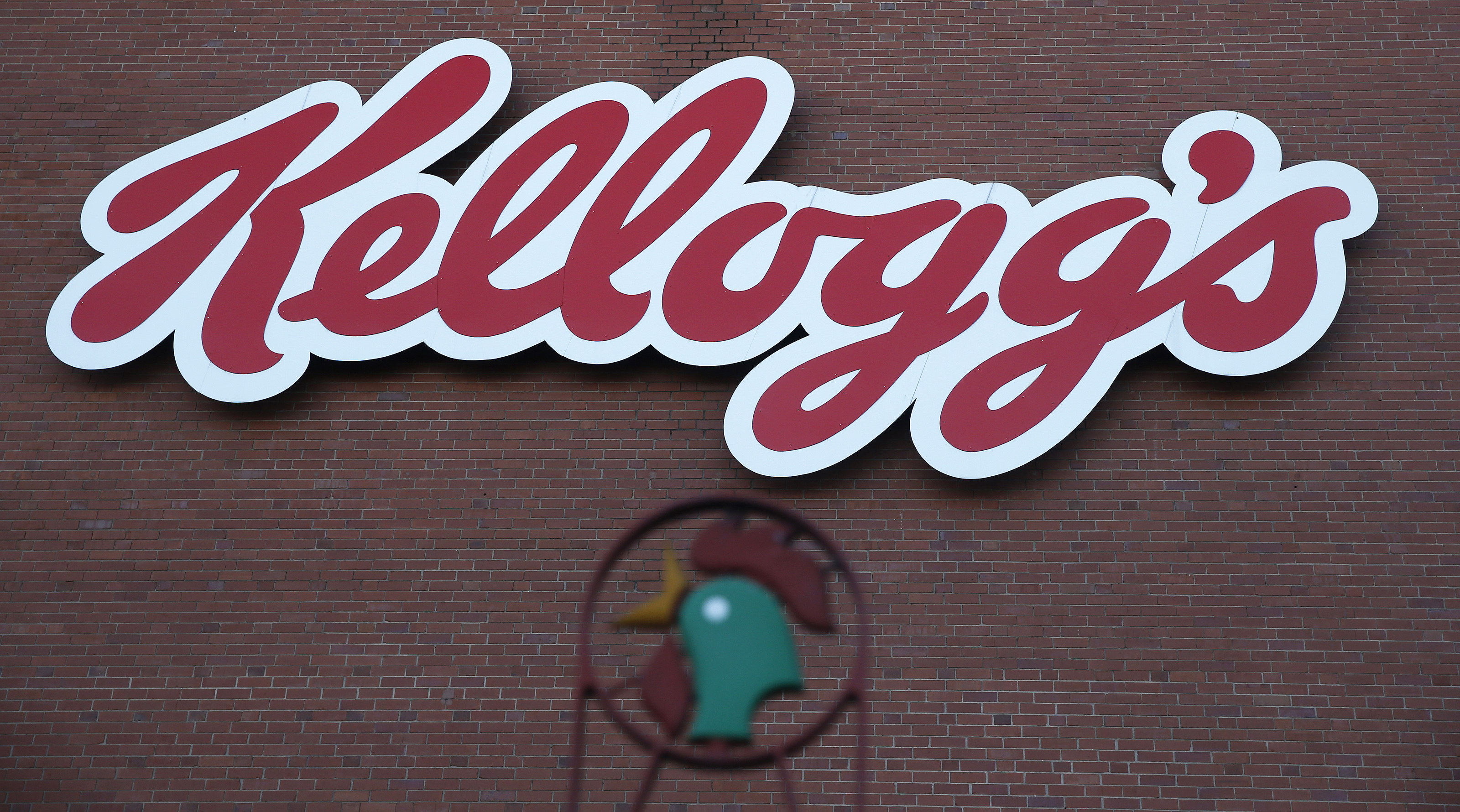 A sign hangs outside the Kellogg's factory near Manchester