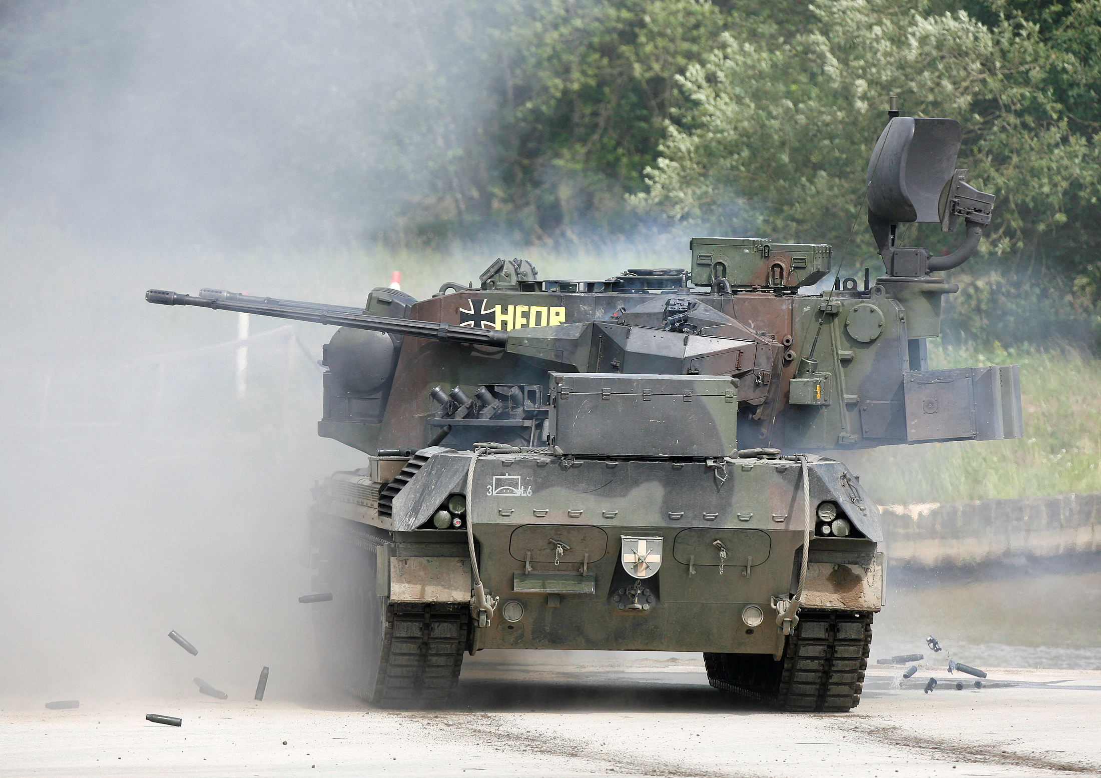Gepard antiaircraft tank of the German armed forces Bundeswehr fires during demonstration in Munster
