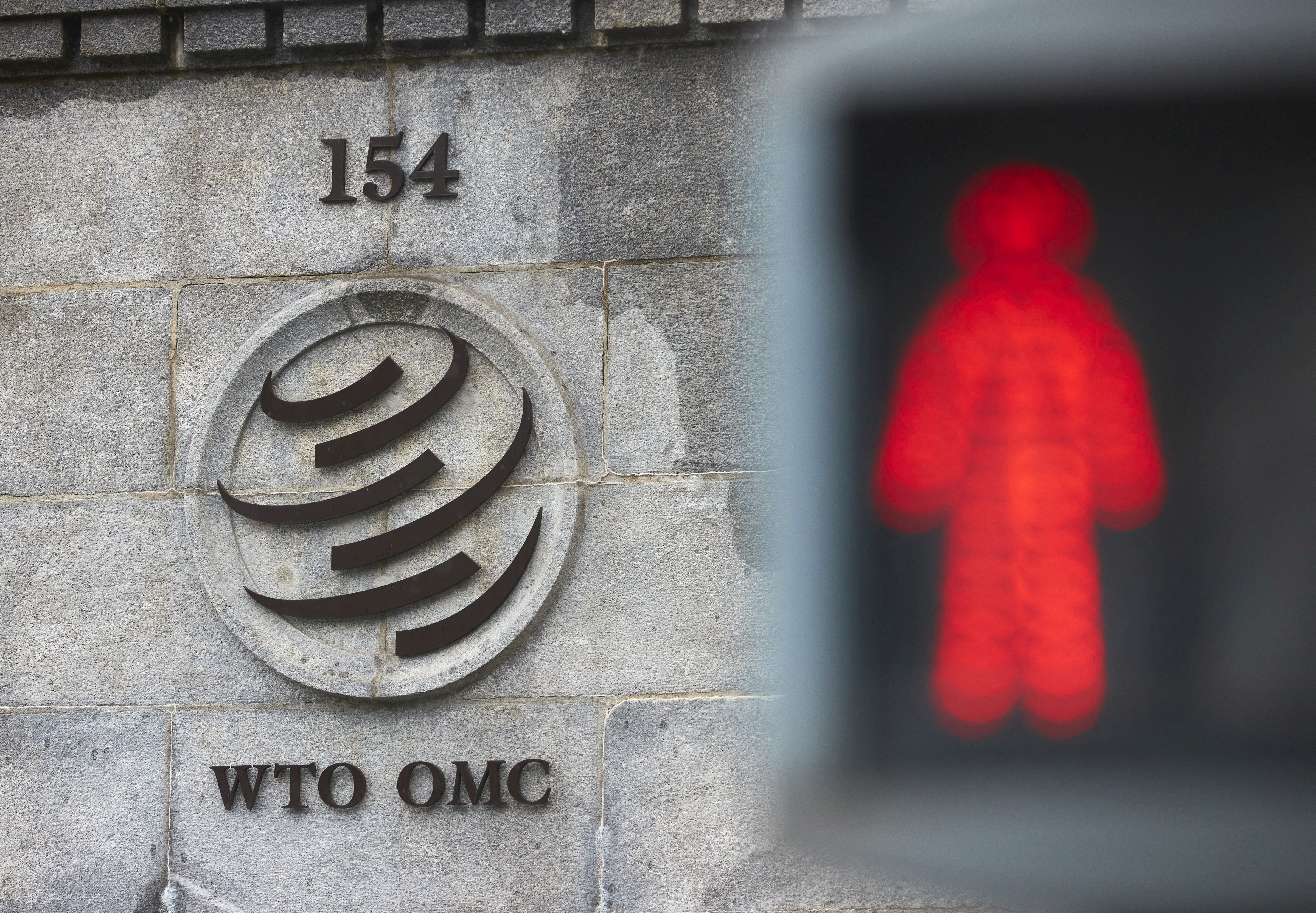 A logo is pictured on the WTO in Geneva