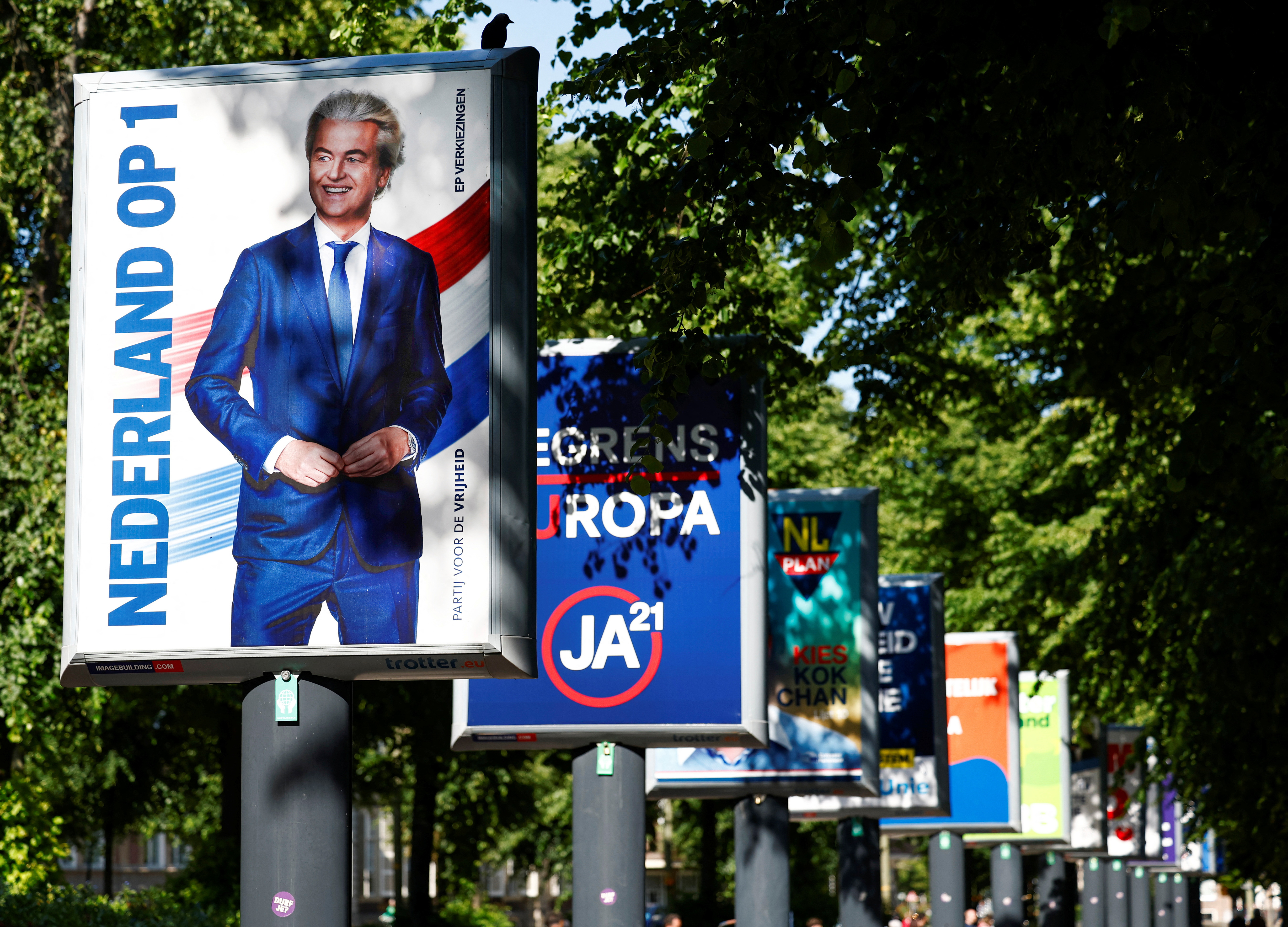 Election campaign boards are displayed, ahead of the elections across 27 European Union member states, in The Hague