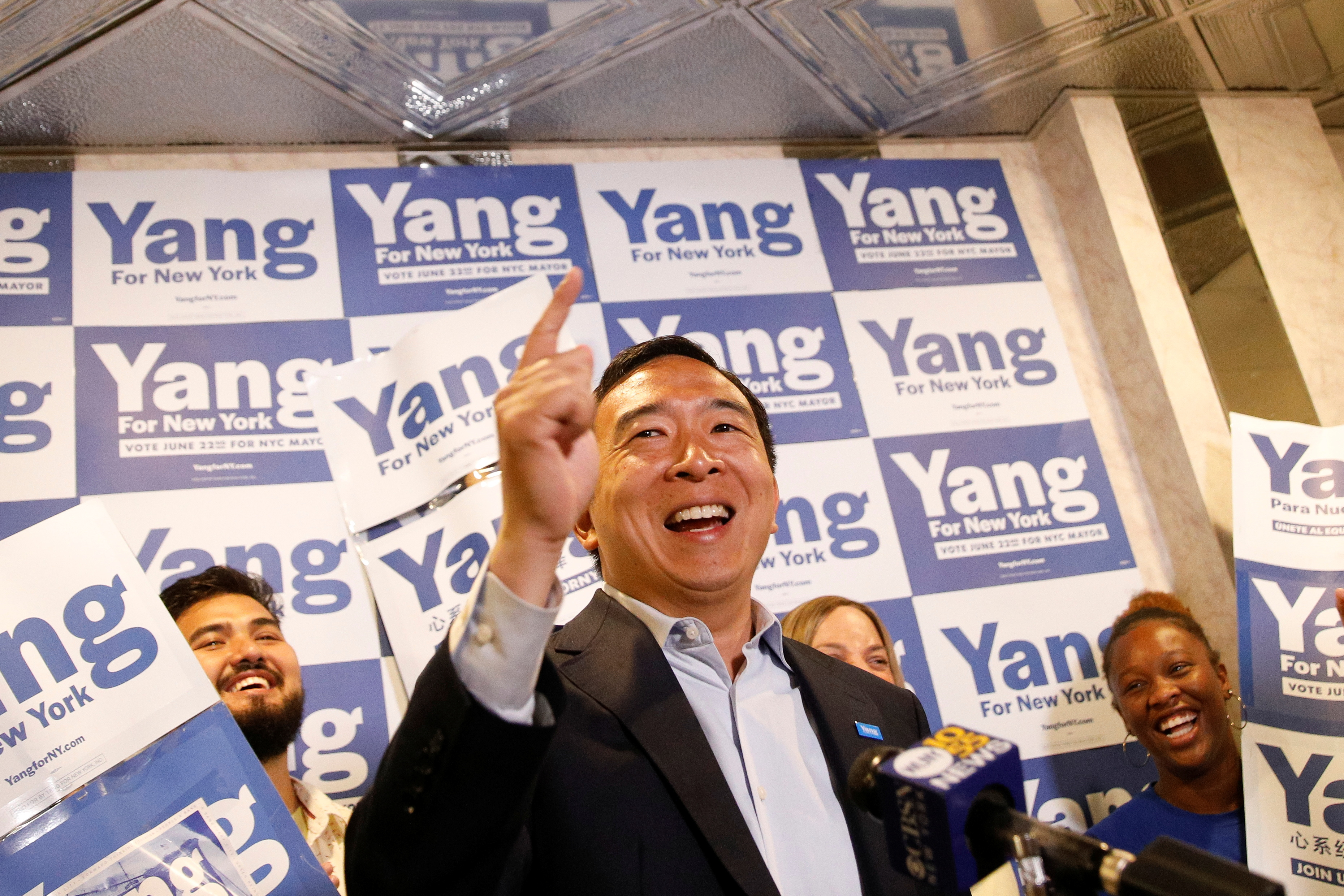 Andrew Yang, Democratic candidate for New York City Mayor, speaks during a campaign appearance in Brooklyn, New York