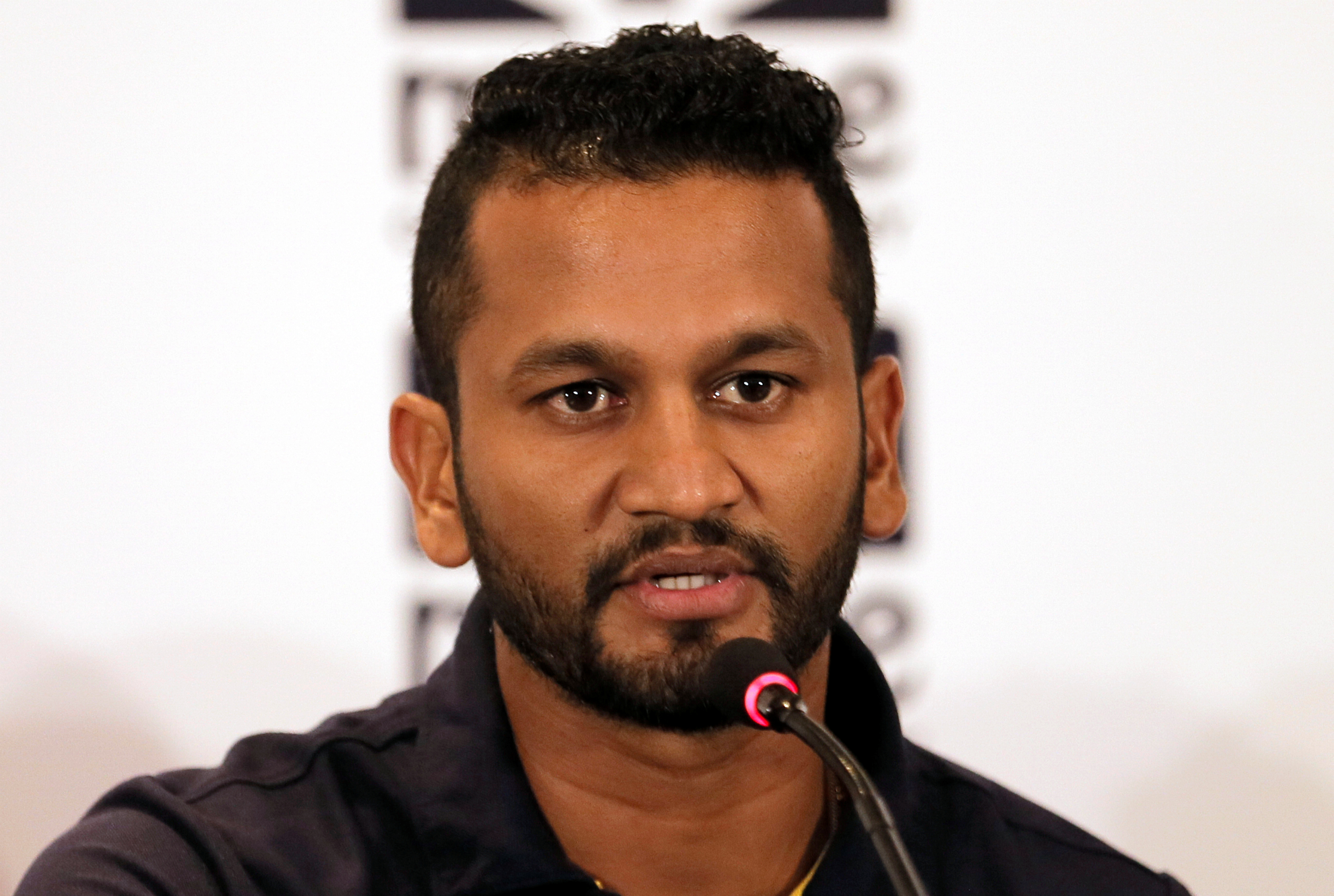 Sri Lanka cricket captain Dimuth Karunaratne speaks during a news conference ahead of the two test cricket matches against England for the ICC World Test Championship in Colombo