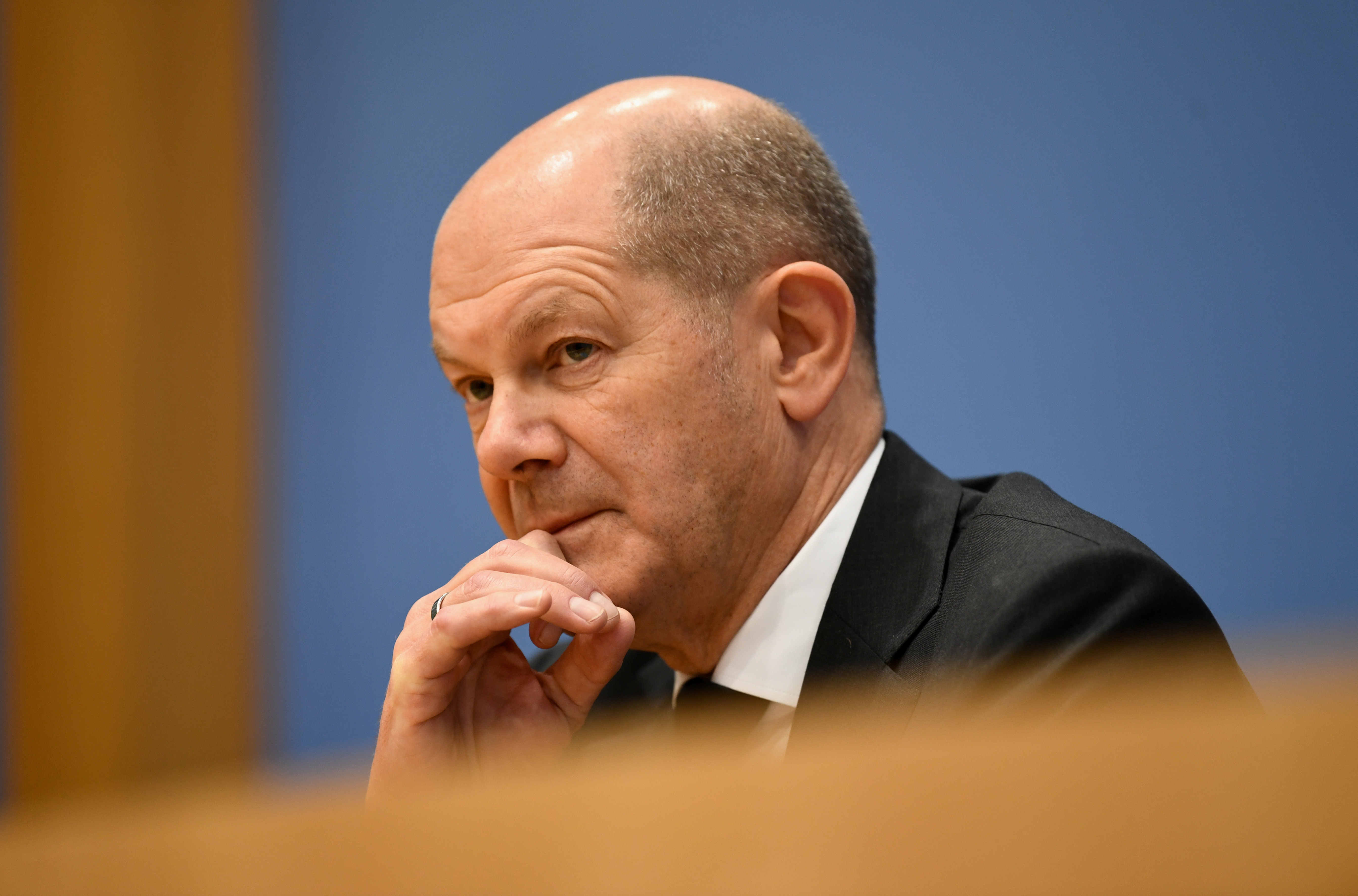 German acting Finance Minister Olaf Scholz attends a news conference on Germany's tax estimate in Berlin