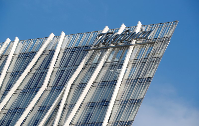 A Telefonica logo is seen on a Telefonica office building in Barcelona