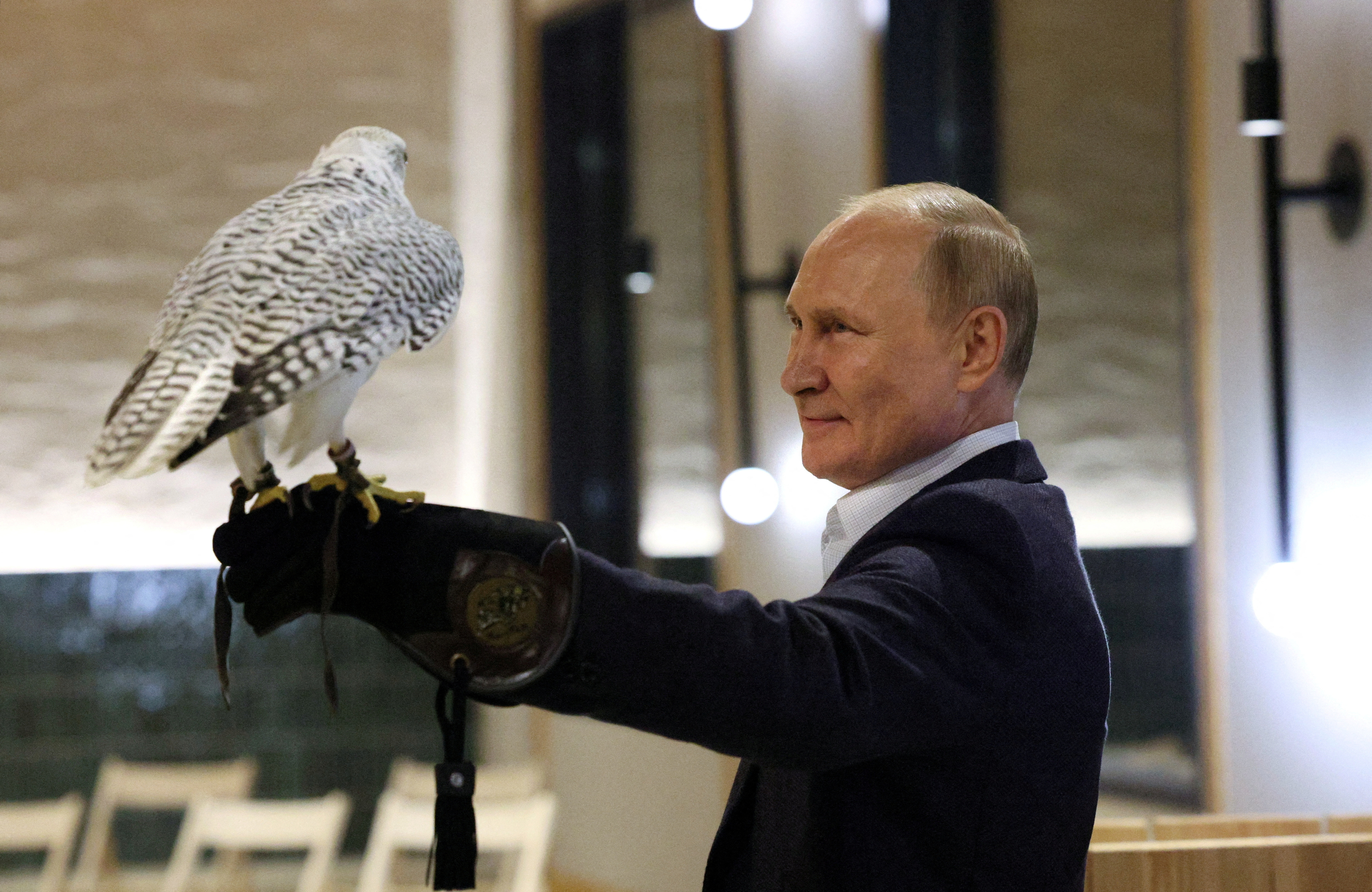 Russian President Vladimir Putin visits a falcon breeding centre in Kamchatka