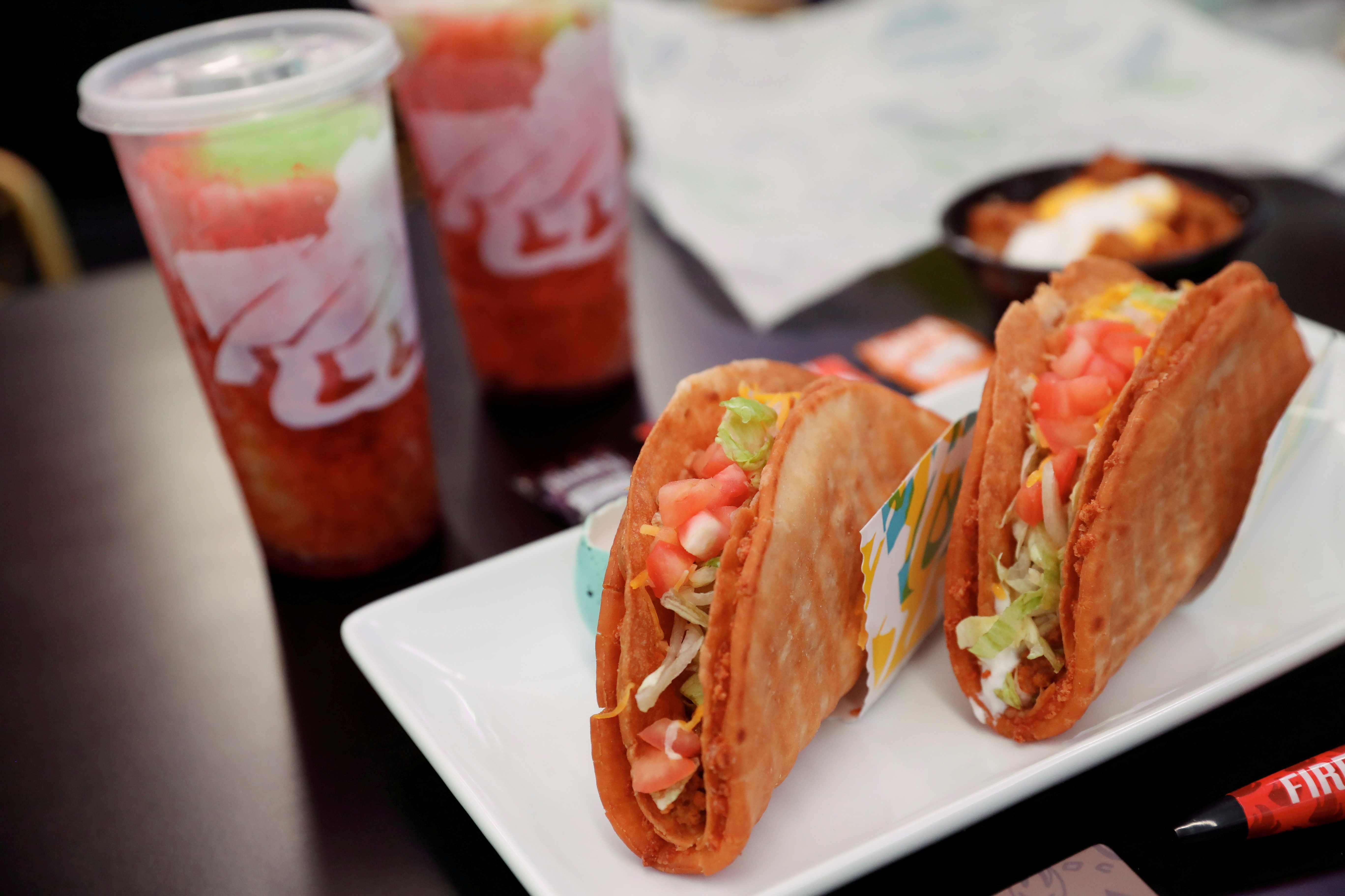 A Taco Bell order and drinks sit inside the first digital-only U.S. location at Times Square in New York City