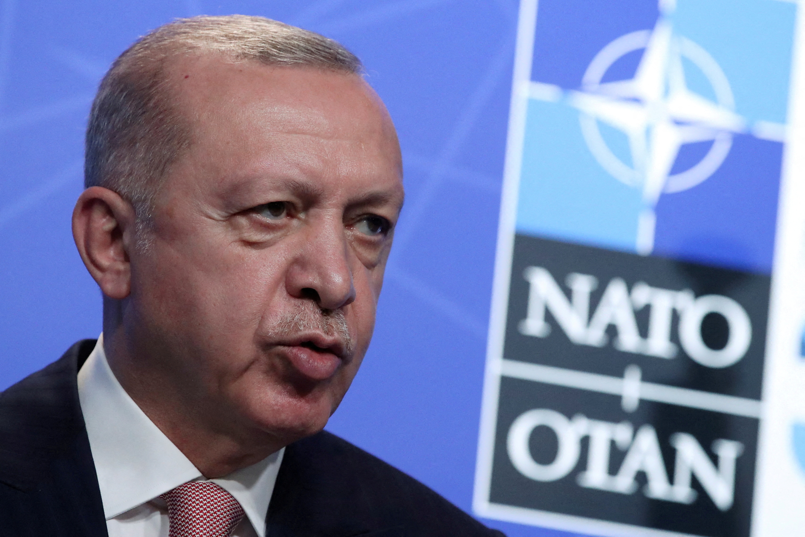 Erdogan med NATO:s logotyp som bakgrund