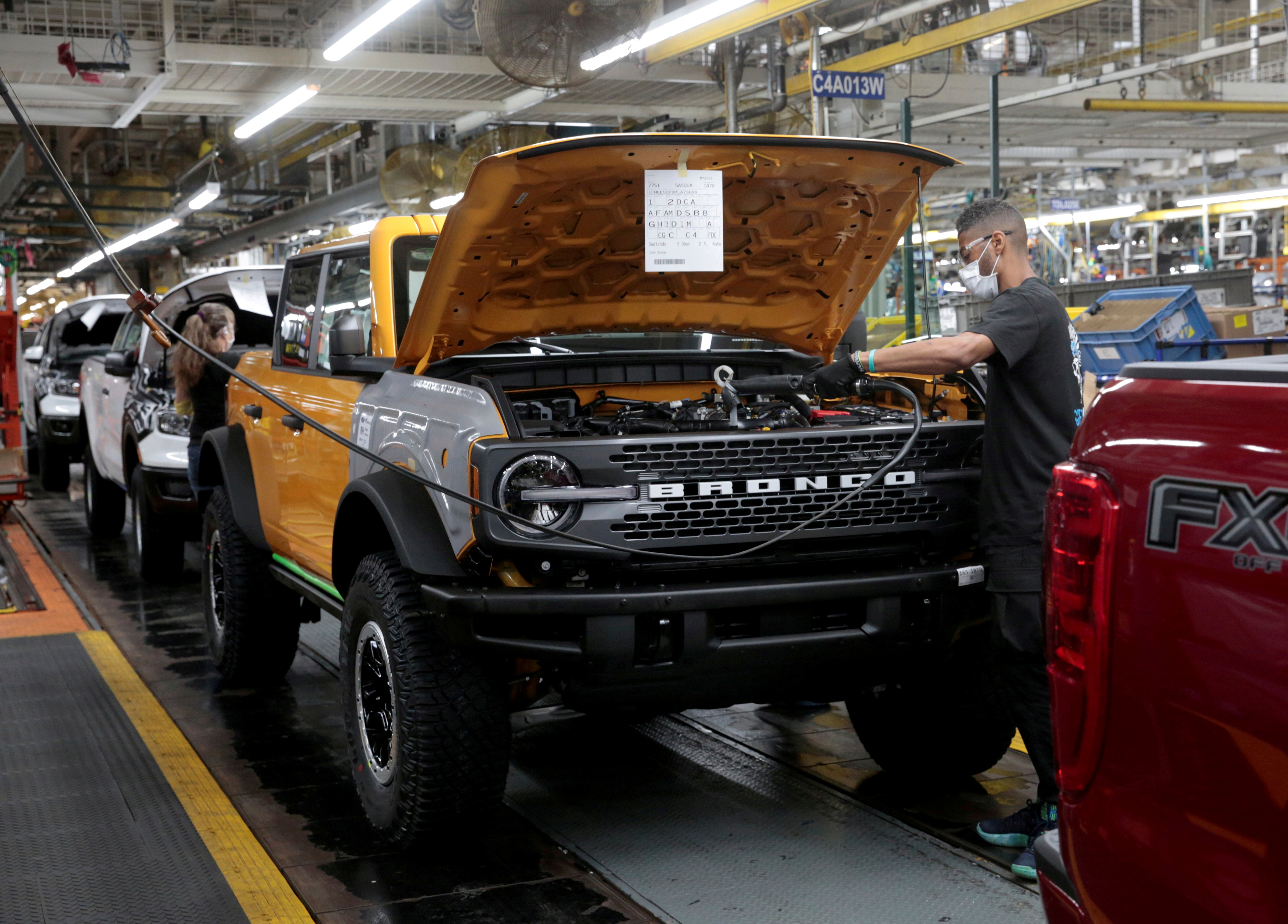 The Ford 2021 Bronco SUV is seen on the assembly line at Michigan Assembly Plant