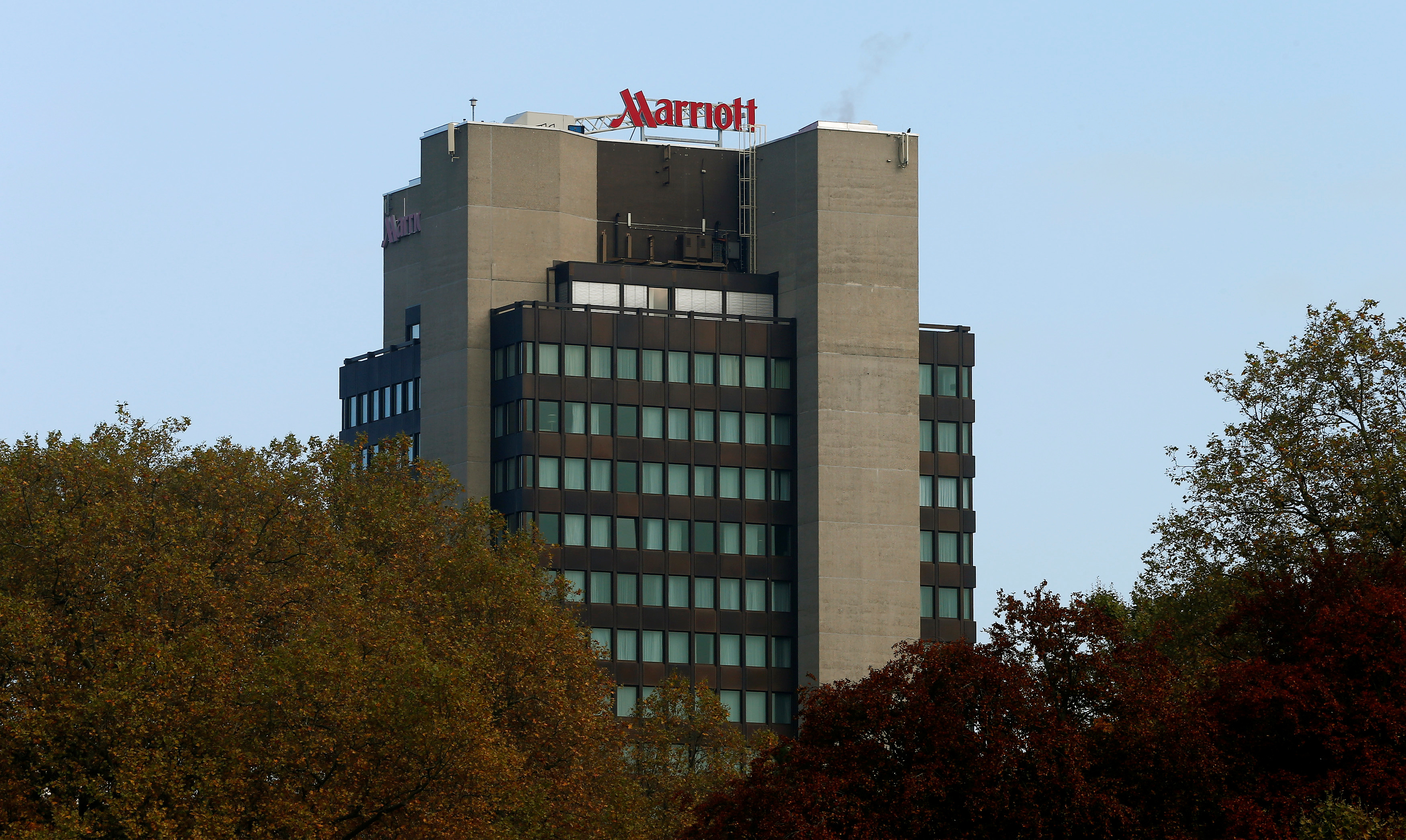 Company's logo is seen on the Marriot hotel in Zurich