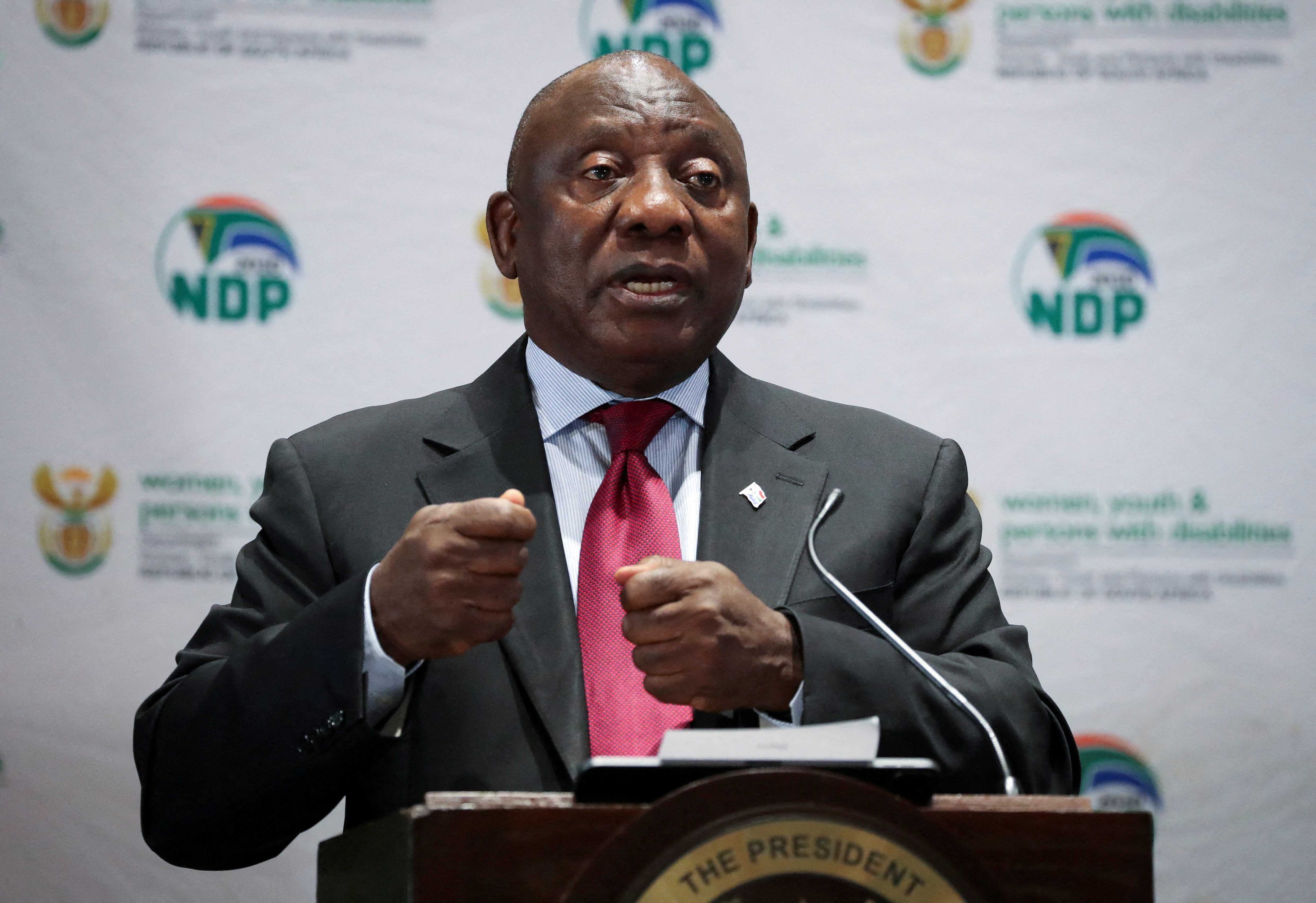 South African President Cyril Ramaphosa speaks at the Summit on Economic Empowerment for Persons with Disabilities in Johannesburg