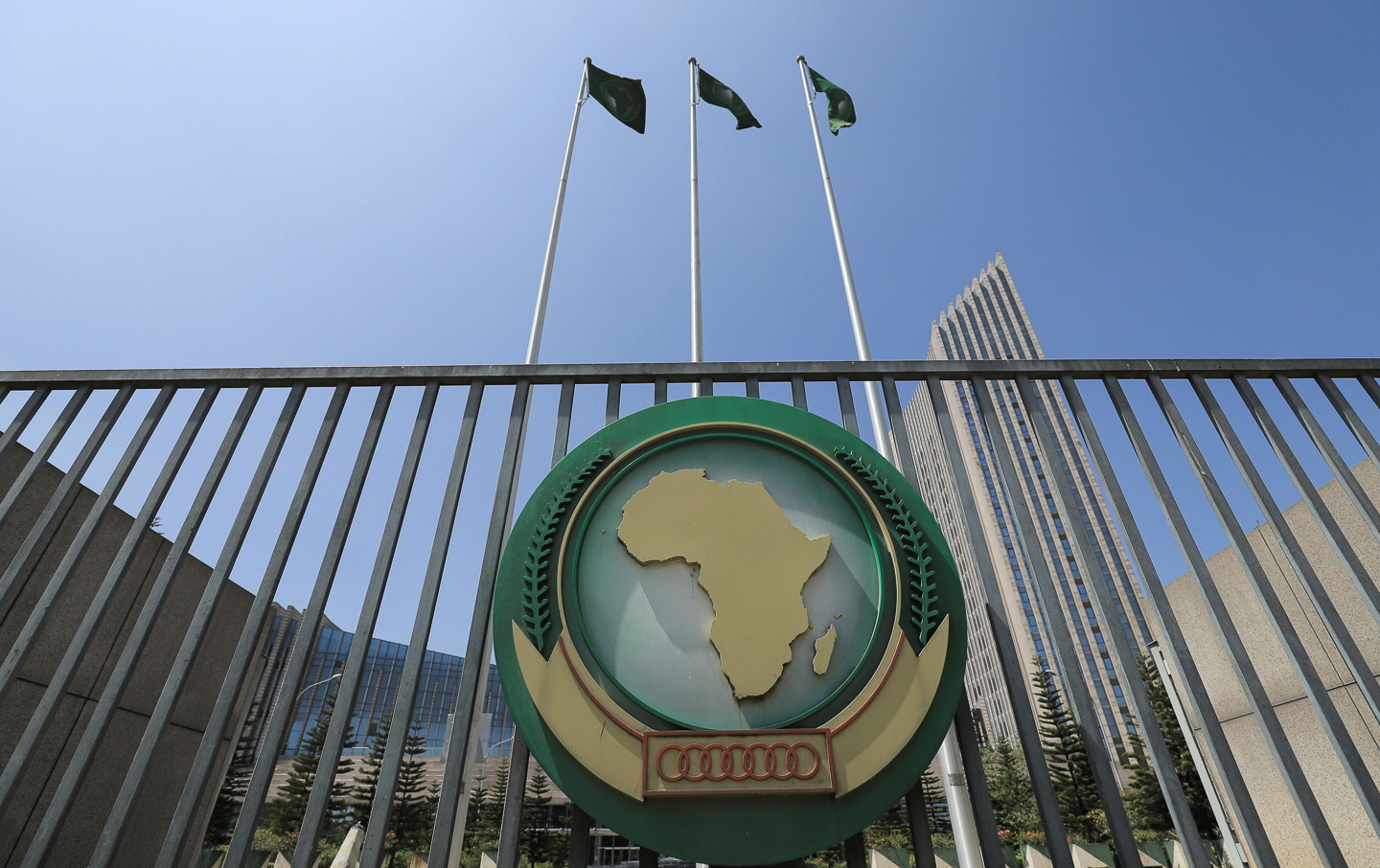 The African Union logo is seen outside the AU headquarters building in Addis Ababa