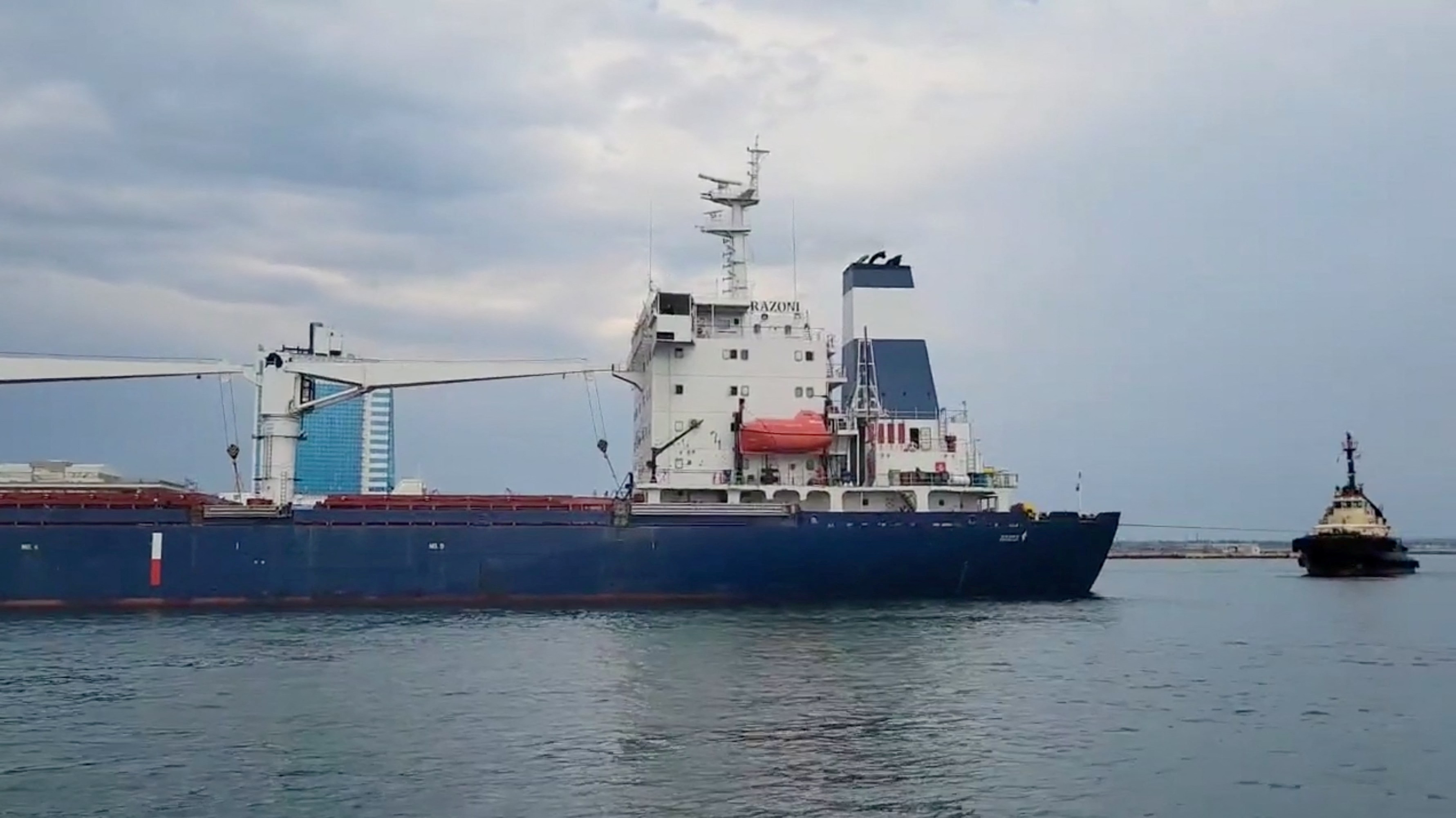 The Sierra Leone-flagged cargo ship, Razoni carrying Ukrainian grain leaves the port, in Odesa