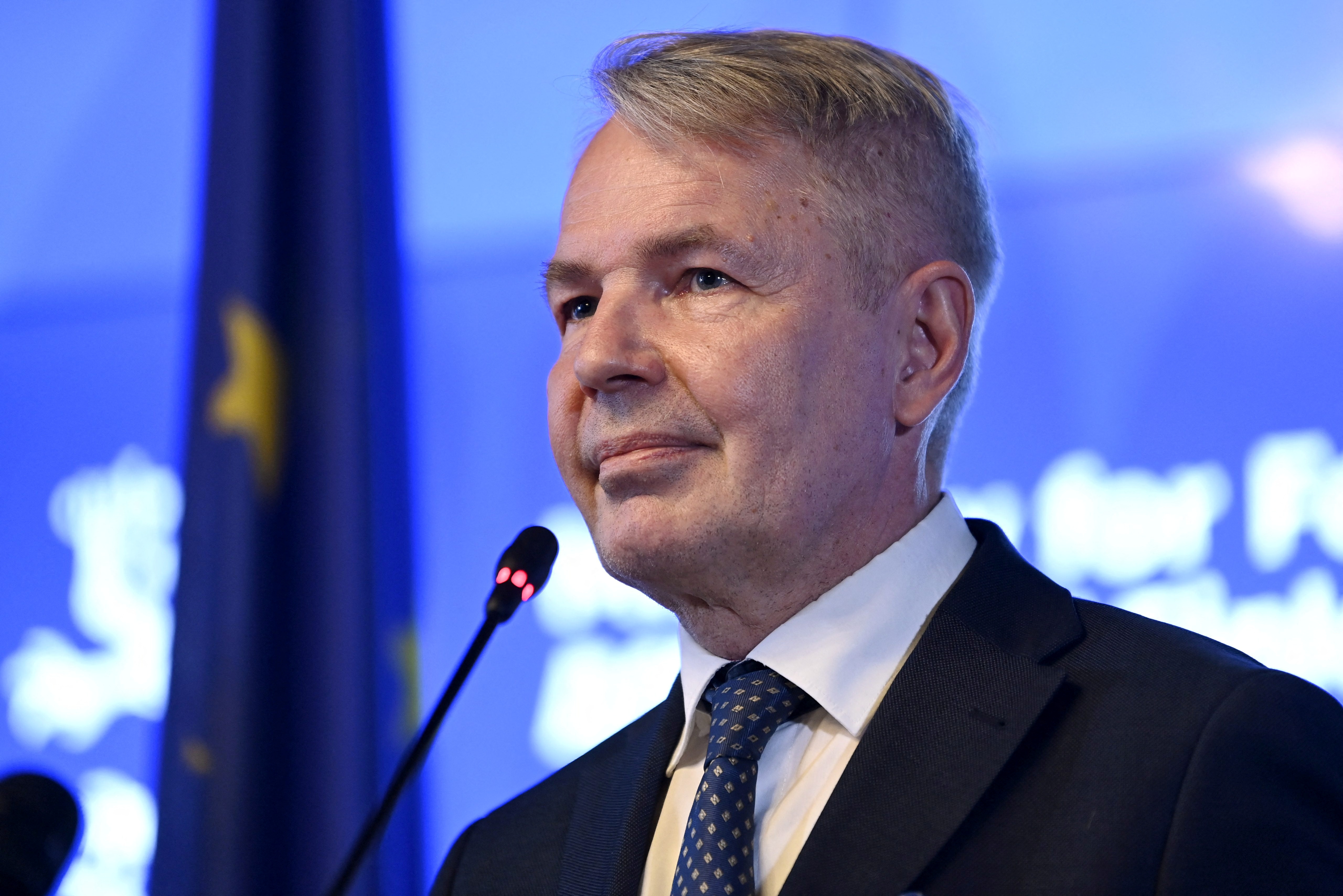 Finnish Foreign Minister Pekka Haavisto attends a joint news conference with French Foreign Minister Jean-Yves Le Drian (not pictured) in Helsinki