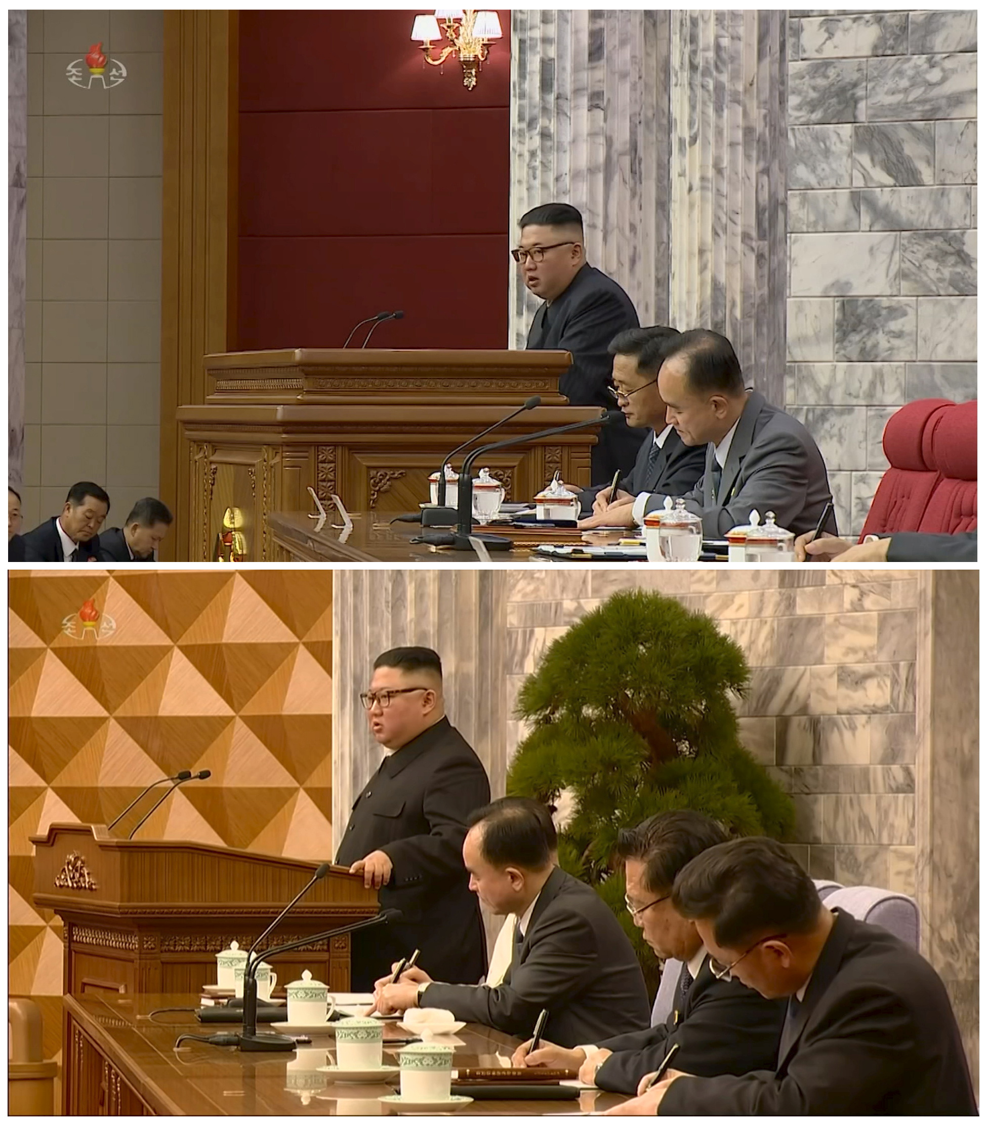 Combination photo of North Korean Leader Kim Jong Un speaking at plenary meeting in Pyongyang