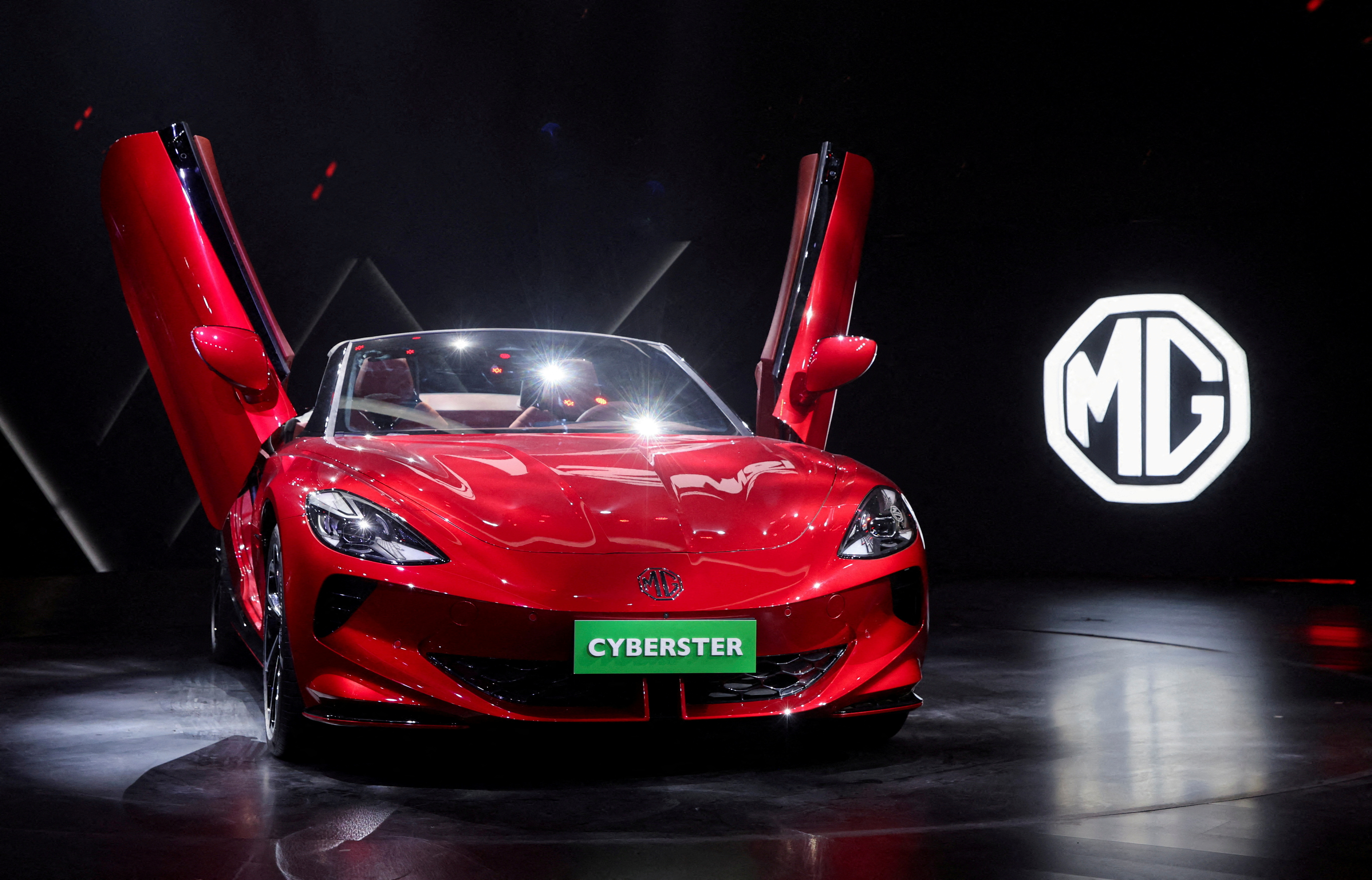 The MG Cyberster, an electric sports car is presented during its launch in Mumbai