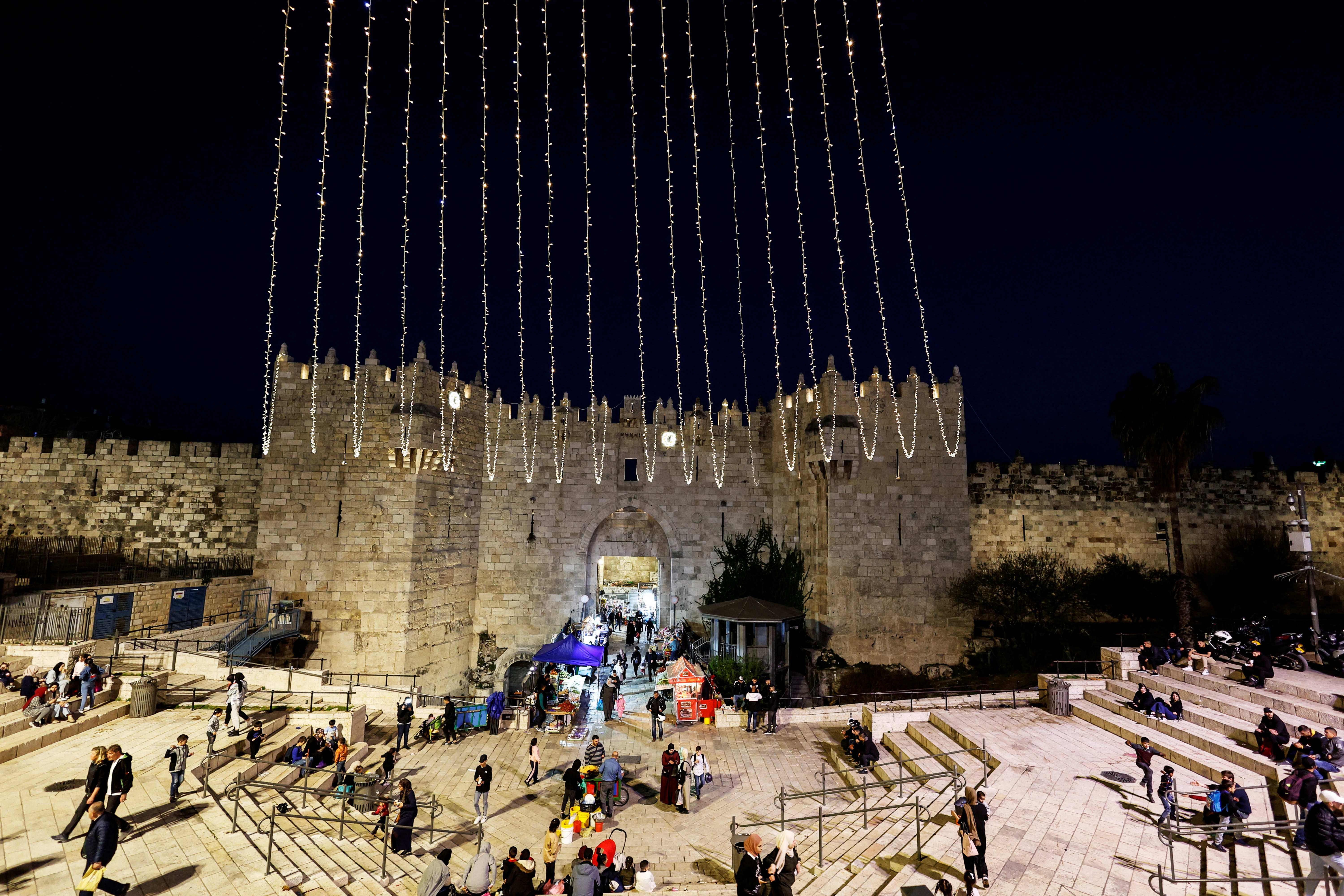 A general view shows the Damascus Gate decorated with lights ahead of the holy month of Ramadan in Jerusalem's Old City