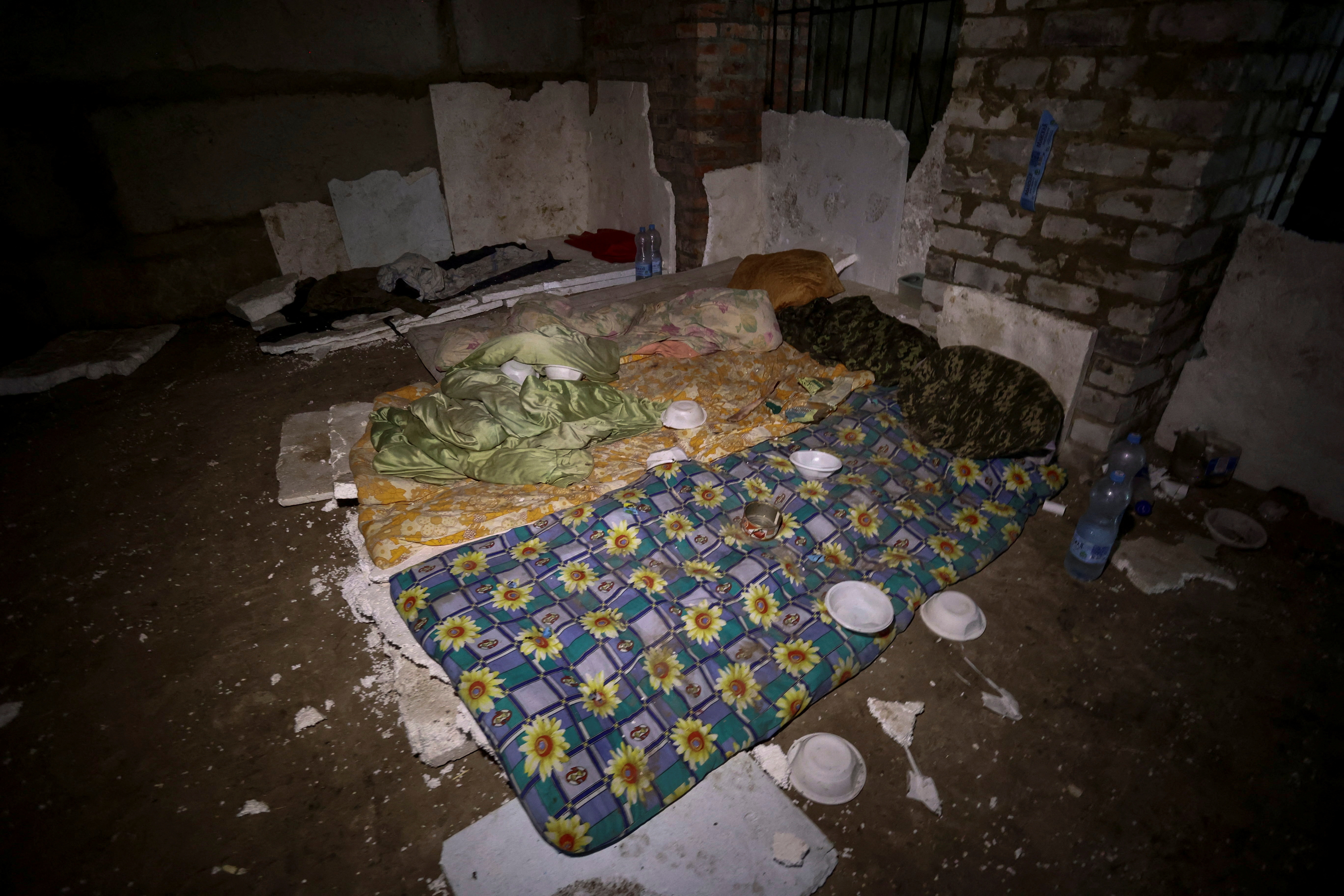 Interior view shows a basement of a building, which Ukrainian authorities say was a makeshift Russian prison and torture chamber during Russia's invasion in Kozacha Lopan