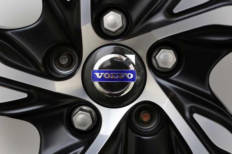 A Volvo logo is seen on a rim displayed at a Volvo showroom in Mexico City