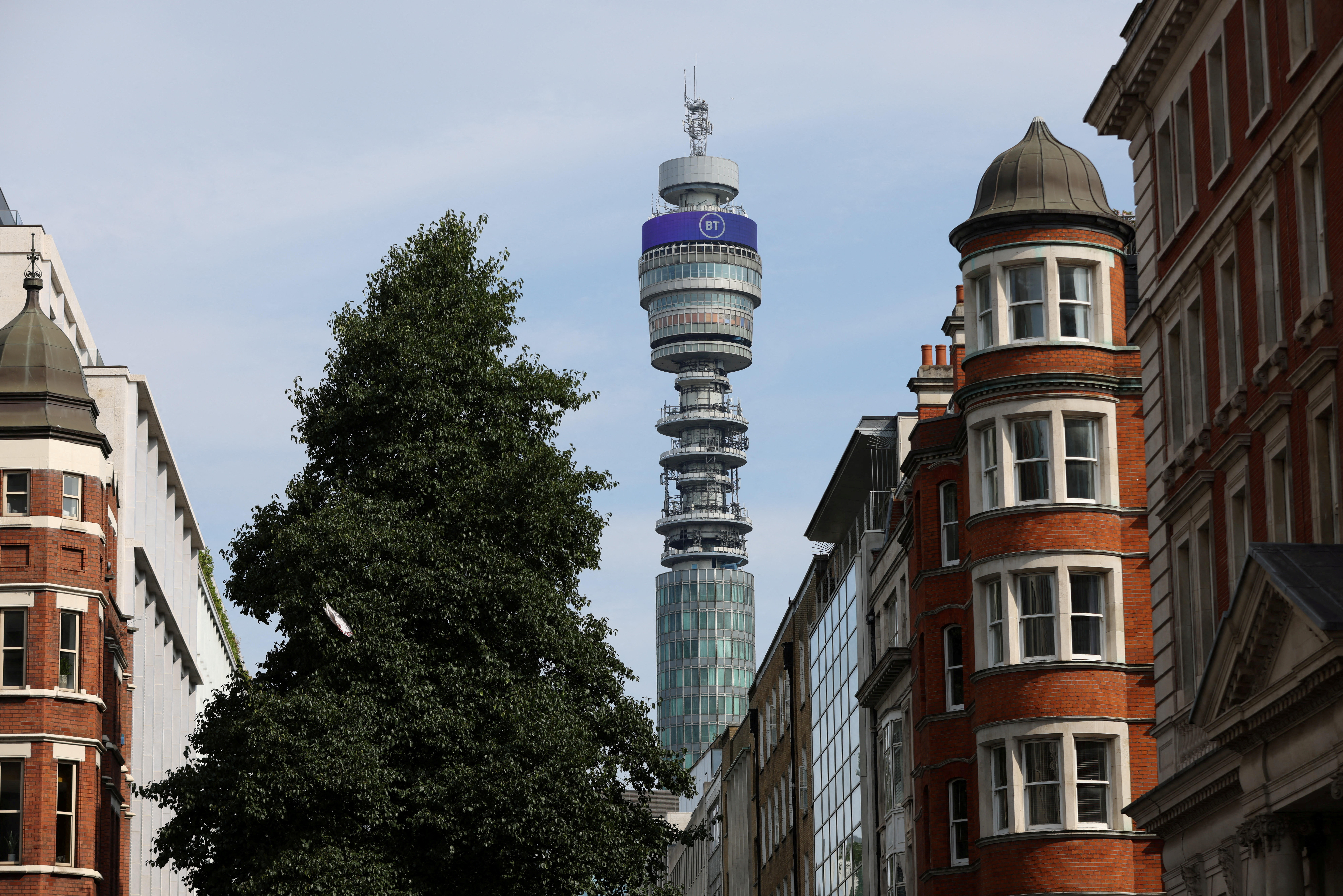View of BT Group logo displayed on BT tower, in London